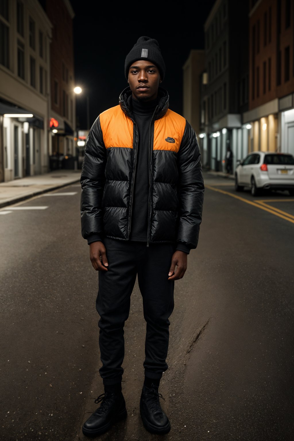 man wearing gorpcore aesthetic, functional outdoor clothing, bright colored puffer jacket, moonboots, beanie, white wool socks, outerwear, posing for photo in the street