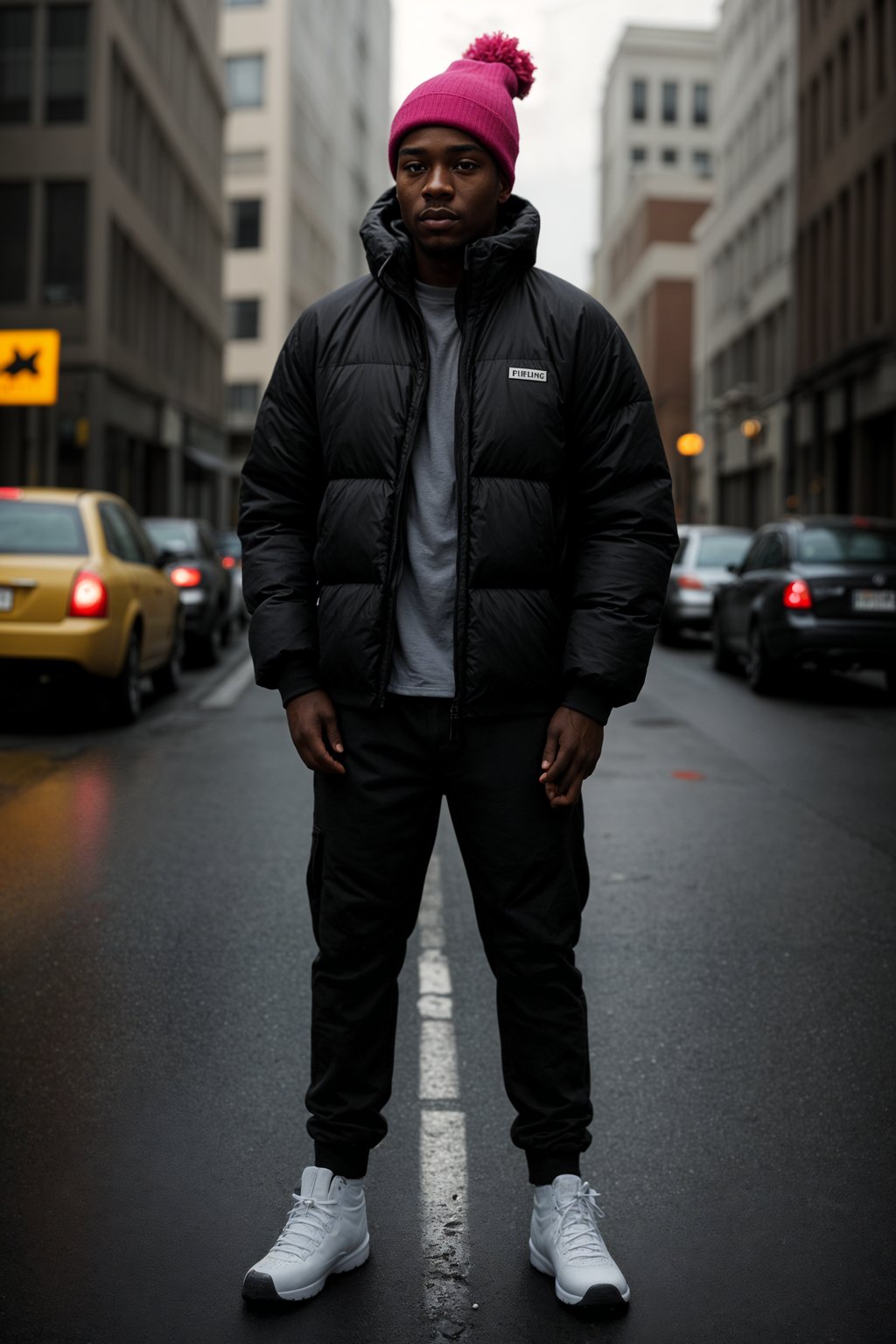 man wearing gorpcore aesthetic, functional outdoor clothing, bright colored puffer jacket, moonboots, beanie, white wool socks, outerwear, posing for photo in the street