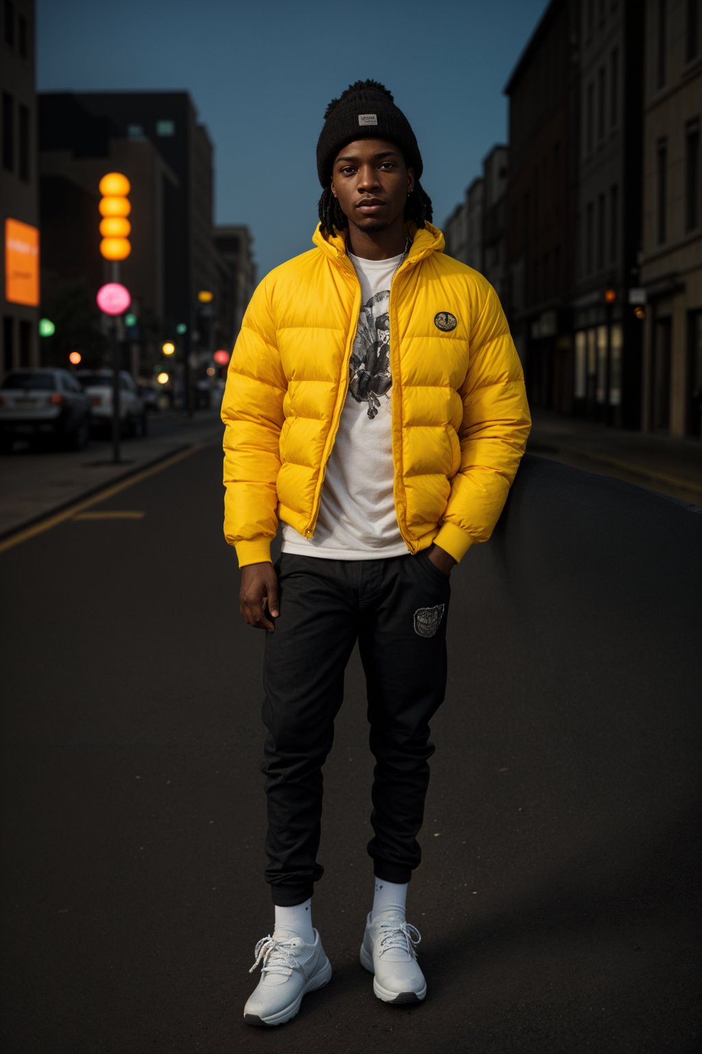 man wearing gorpcore aesthetic, functional outdoor clothing, bright colored puffer jacket, moonboots, beanie, white wool socks, outerwear, posing for photo in the street