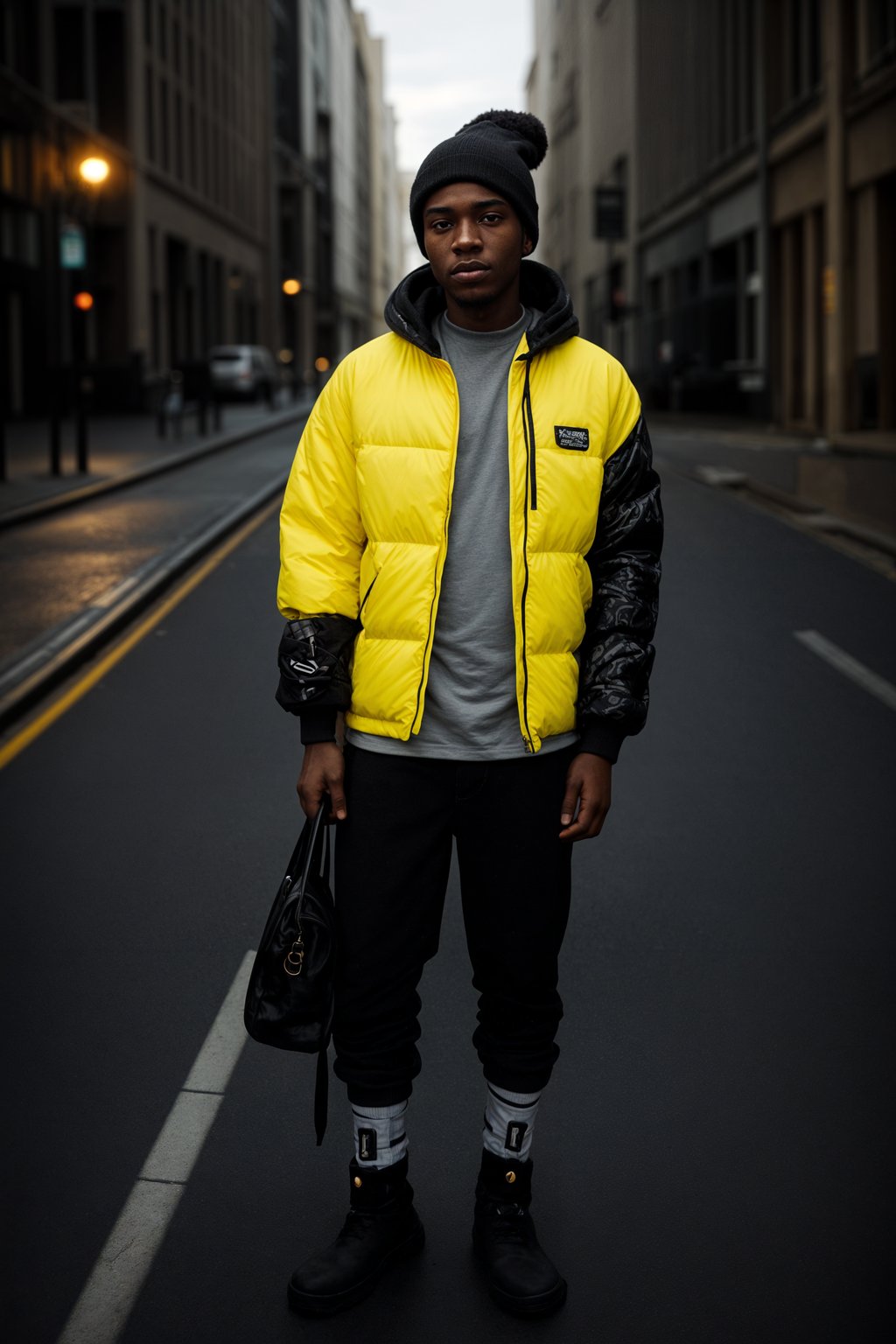 man wearing gorpcore aesthetic, functional outdoor clothing, bright colored puffer jacket, moonboots, beanie, white wool socks, outerwear, posing for photo in the street