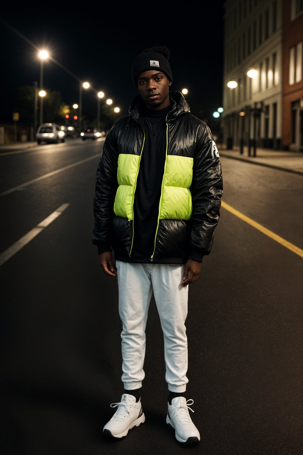 man wearing gorpcore aesthetic, functional outdoor clothing, bright colored puffer jacket, moonboots, beanie, white wool socks, outerwear, posing for photo in the street