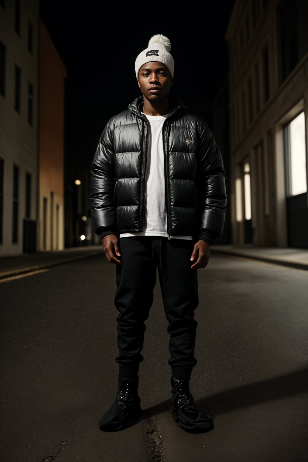 man wearing gorpcore aesthetic, functional outdoor clothing, bright colored puffer jacket, moonboots, beanie, white wool socks, outerwear, posing for photo in the street