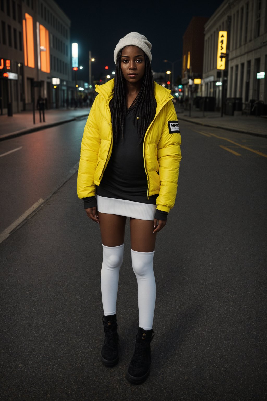 woman wearing gorpcore aesthetic, functional outdoor clothing, bright colored puffer jacket, moonboots, beanie, white wool socks, outerwear, posing for photo in the street