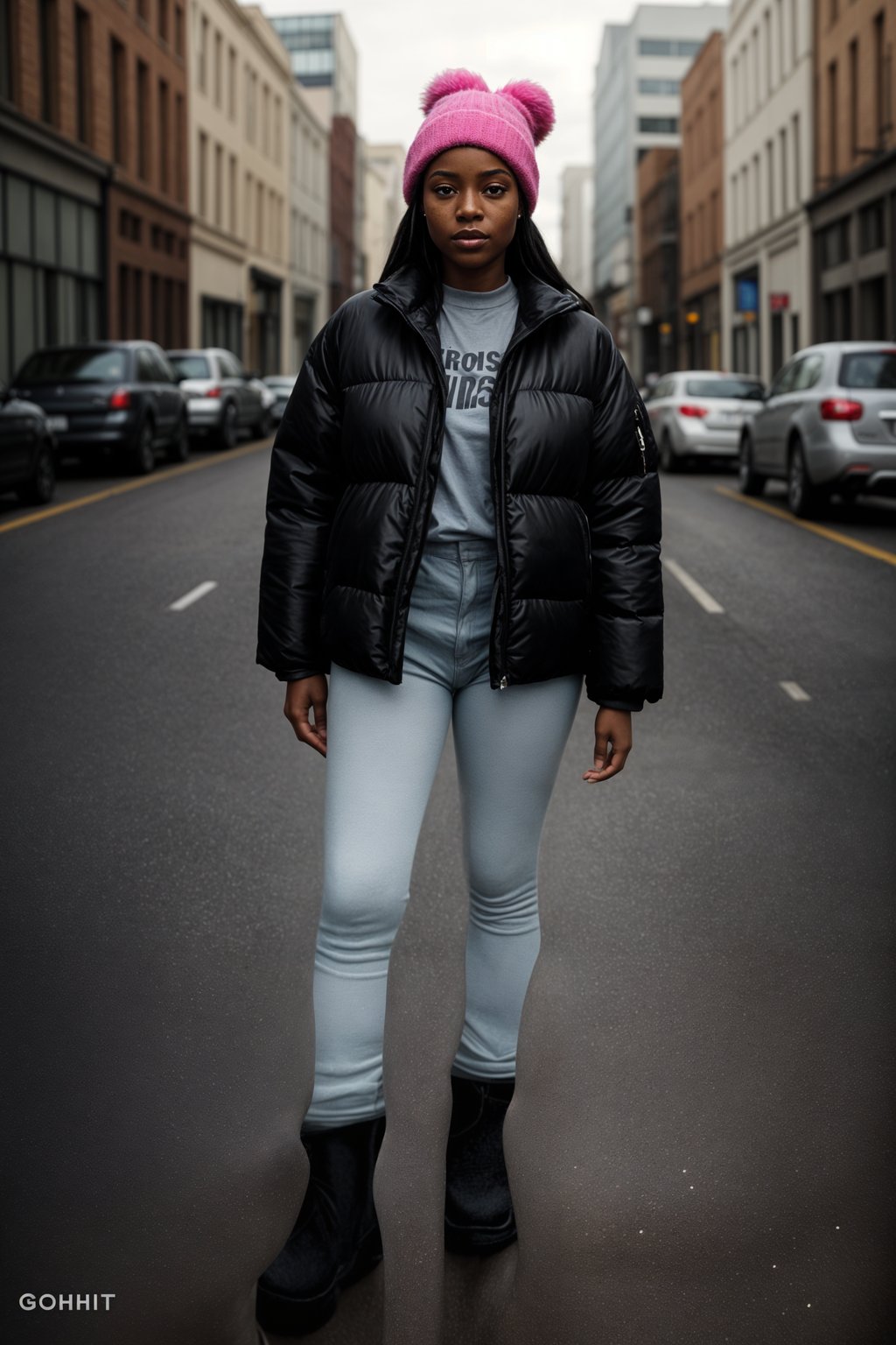 woman wearing gorpcore aesthetic, functional outdoor clothing, bright colored puffer jacket, moonboots, beanie, white wool socks, outerwear, posing for photo in the street