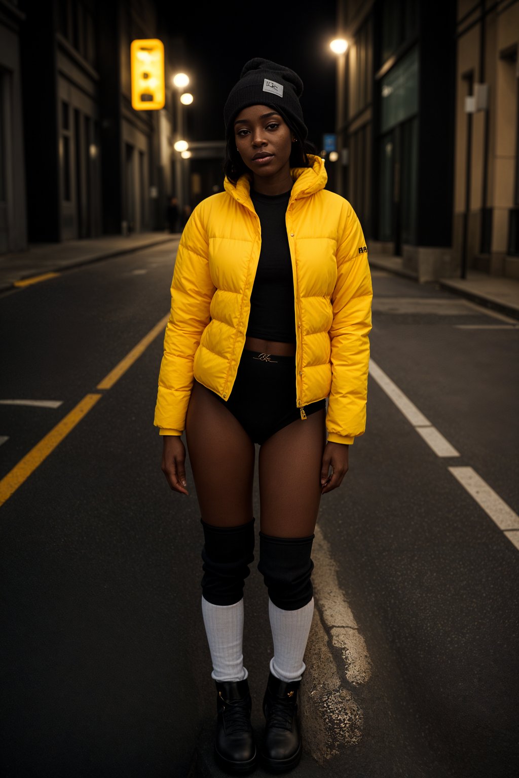 woman wearing gorpcore aesthetic, functional outdoor clothing, bright colored puffer jacket, moonboots, beanie, white wool socks, outerwear, posing for photo in the street