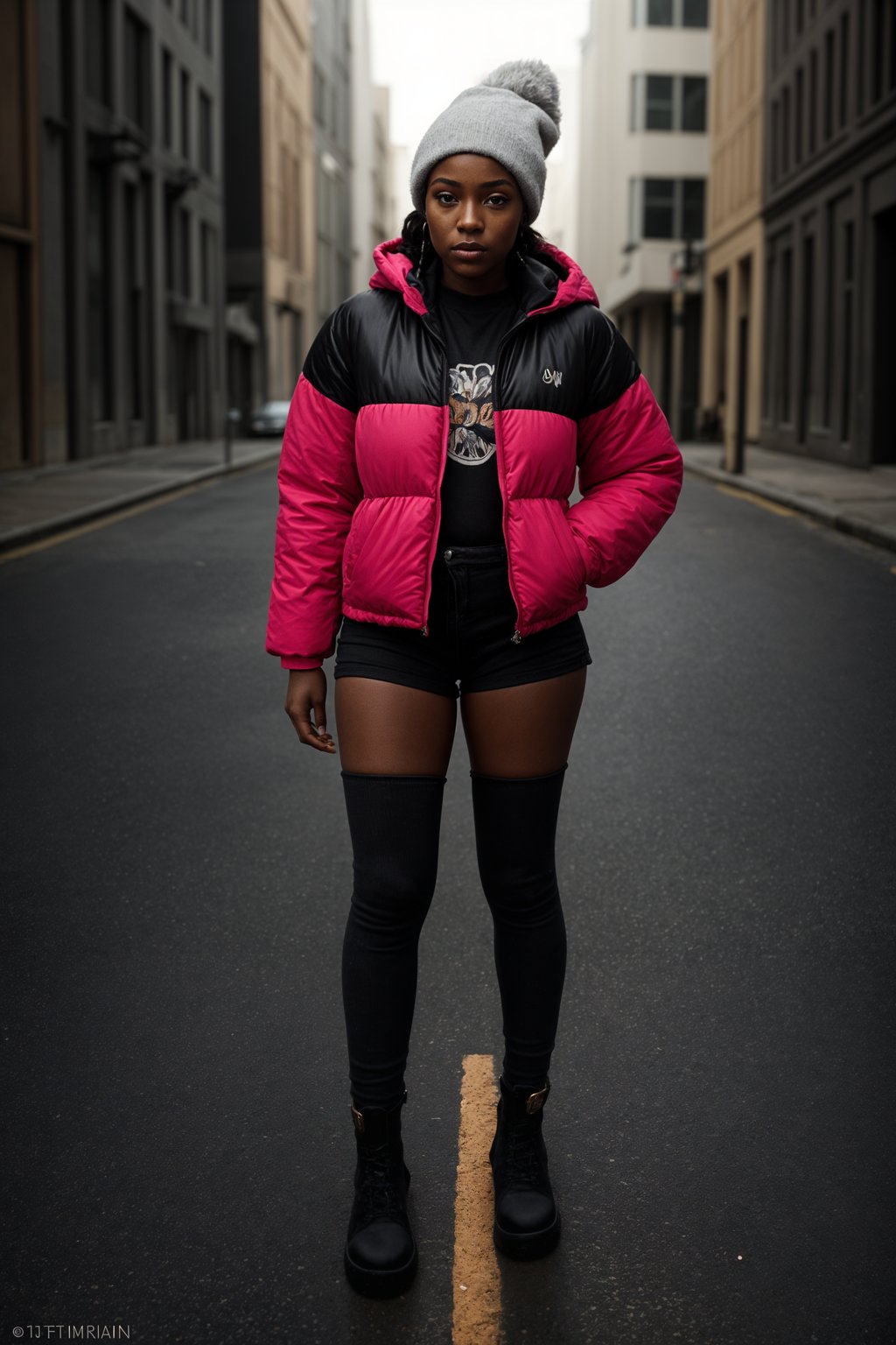 woman wearing gorpcore aesthetic, functional outdoor clothing, bright colored puffer jacket, moonboots, beanie, white wool socks, outerwear, posing for photo in the street