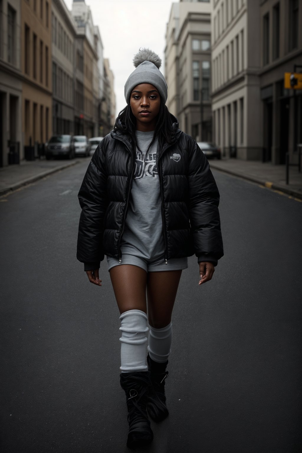 woman wearing gorpcore aesthetic, functional outdoor clothing, bright colored puffer jacket, moonboots, beanie, white wool socks, outerwear, posing for photo in the street