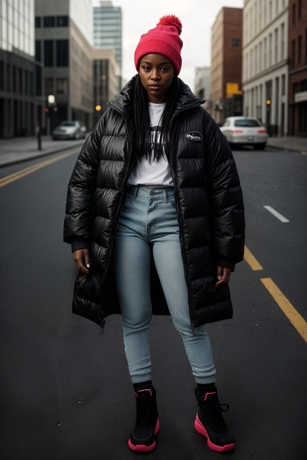 woman wearing gorpcore aesthetic, functional outdoor clothing, bright colored puffer jacket, moonboots, beanie, white wool socks, outerwear, posing for photo in the street