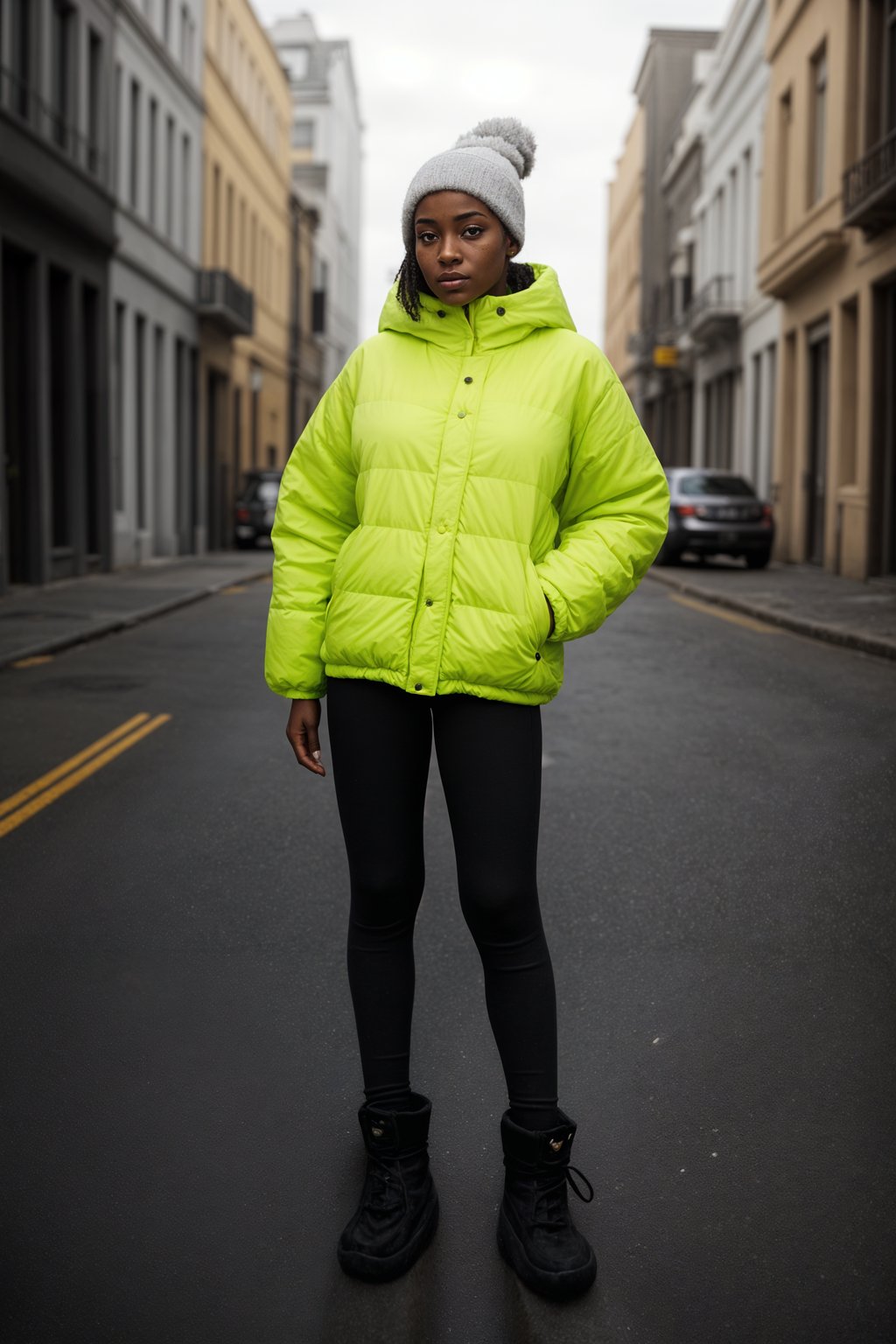 woman wearing gorpcore aesthetic, functional outdoor clothing, bright colored puffer jacket, moonboots, beanie, white wool socks, outerwear, posing for photo in the street