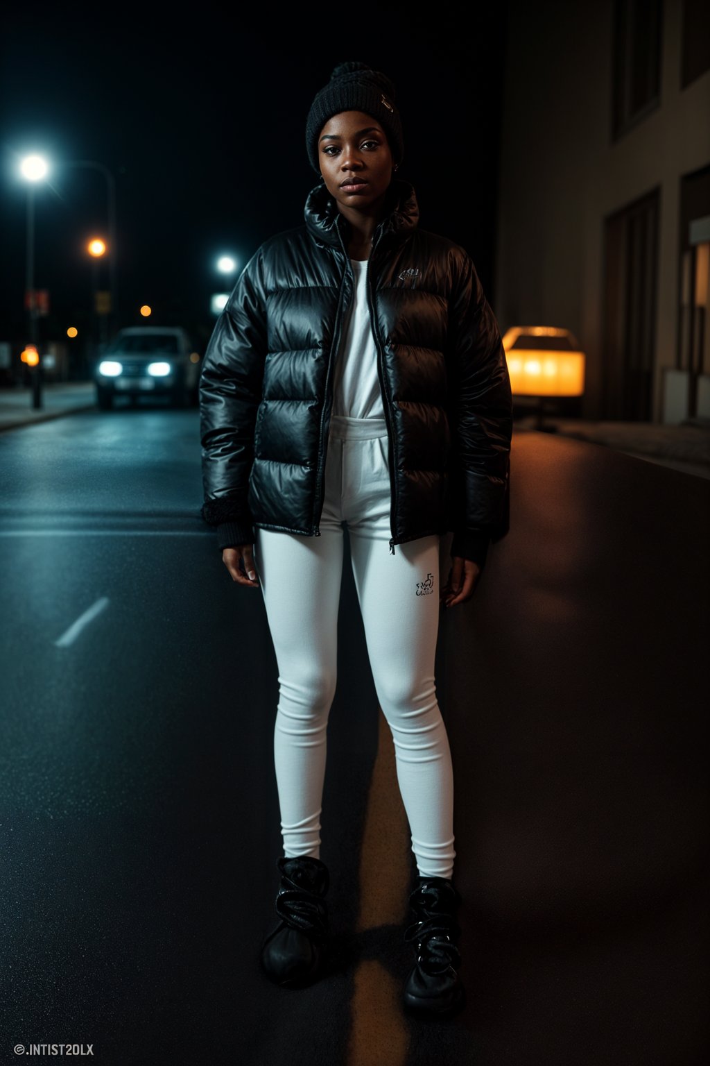 woman wearing gorpcore aesthetic, functional outdoor clothing, bright colored puffer jacket, moonboots, beanie, white wool socks, outerwear, posing for photo in the street