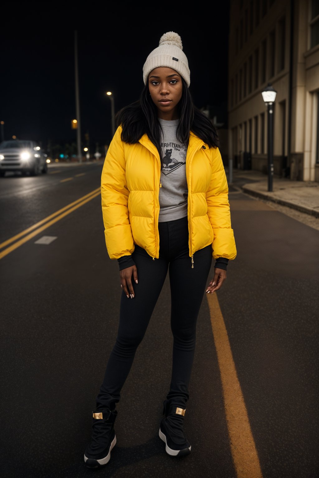 woman wearing gorpcore aesthetic, functional outdoor clothing, bright colored puffer jacket, moonboots, beanie, white wool socks, outerwear, posing for photo in the street