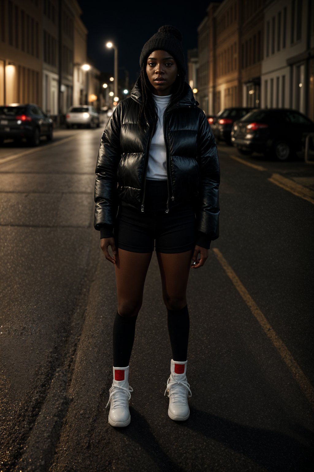 woman wearing gorpcore aesthetic, functional outdoor clothing, bright colored puffer jacket, moonboots, beanie, white wool socks, outerwear, posing for photo in the street