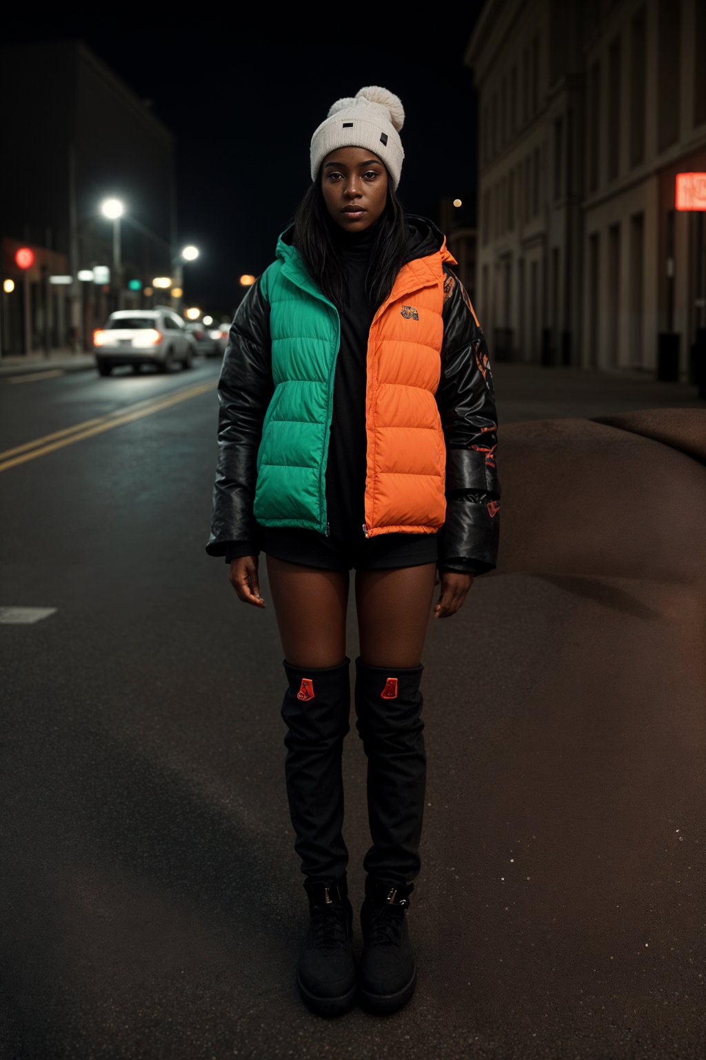 woman wearing gorpcore aesthetic, functional outdoor clothing, bright colored puffer jacket, moonboots, beanie, white wool socks, outerwear, posing for photo in the street