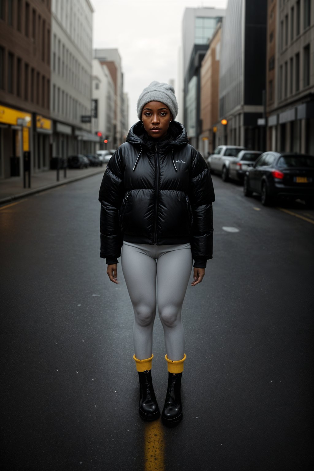 woman wearing gorpcore aesthetic, functional outdoor clothing, bright colored puffer jacket, moonboots, beanie, white wool socks, outerwear, posing for photo in the street