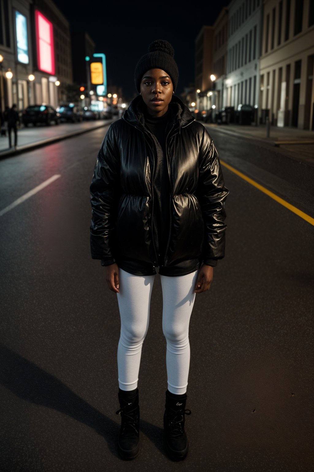 woman wearing gorpcore aesthetic, functional outdoor clothing, bright colored puffer jacket, moonboots, beanie, white wool socks, outerwear, posing for photo in the street