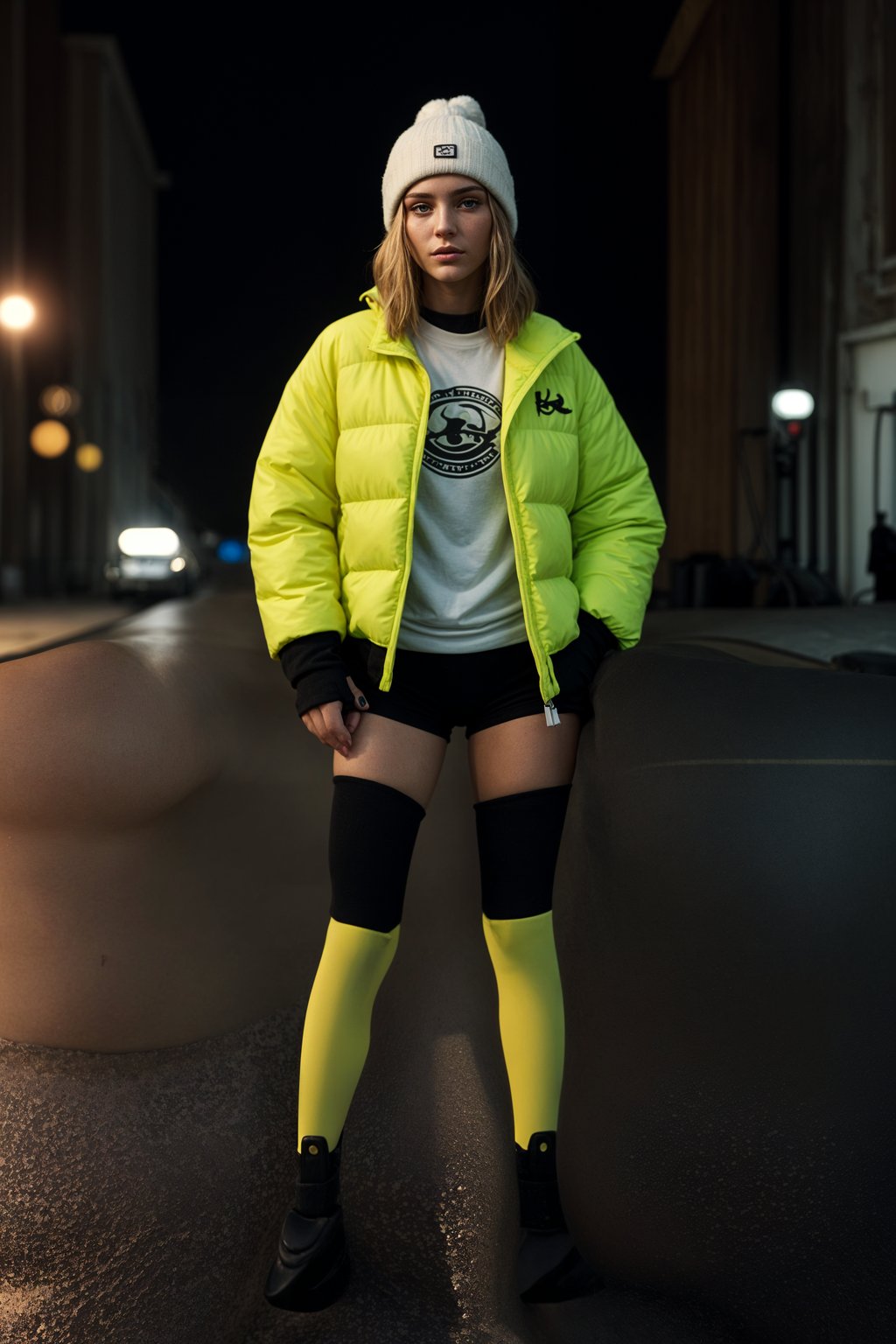 woman wearing gorpcore aesthetic, functional outdoor clothing, bright colored puffer jacket, moonboots, beanie, white wool socks, outerwear, posing for photo in the street