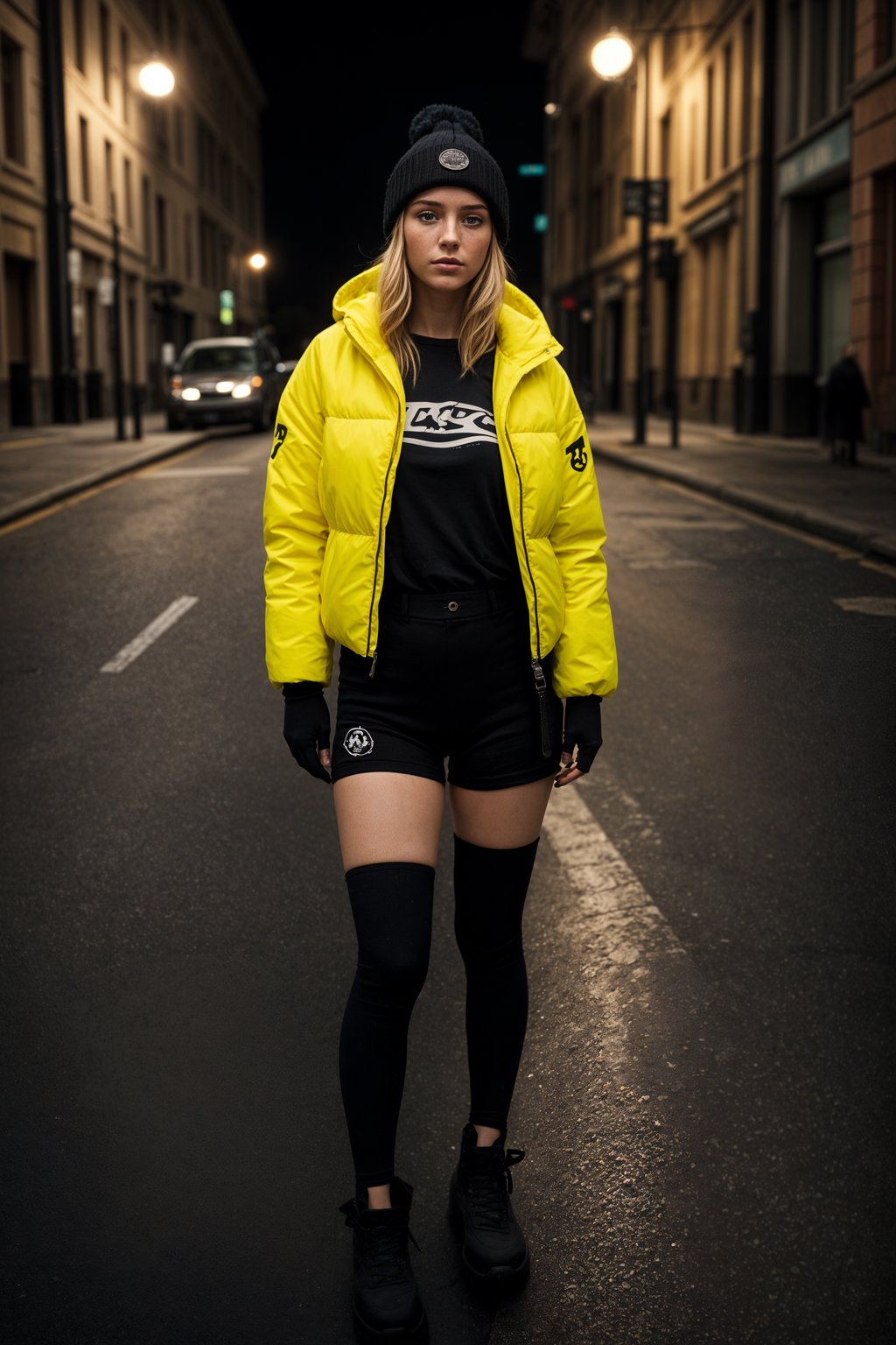 woman wearing gorpcore aesthetic, functional outdoor clothing, bright colored puffer jacket, moonboots, beanie, white wool socks, outerwear, posing for photo in the street