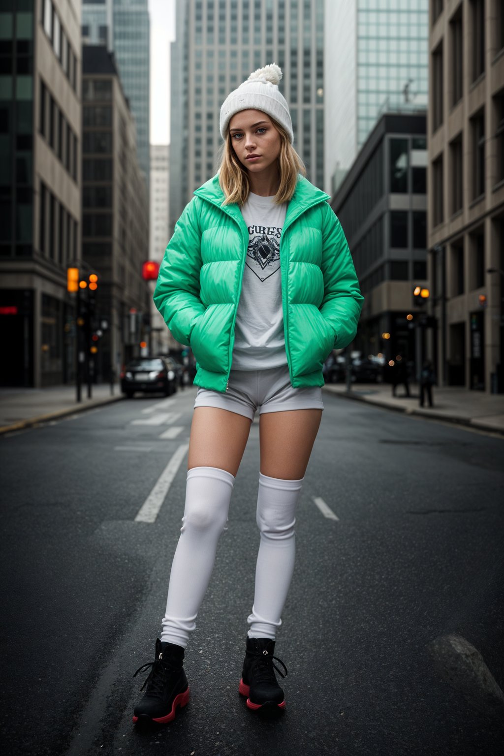 woman wearing gorpcore aesthetic, functional outdoor clothing, bright colored puffer jacket, moonboots, beanie, white wool socks, outerwear, posing for photo in the street