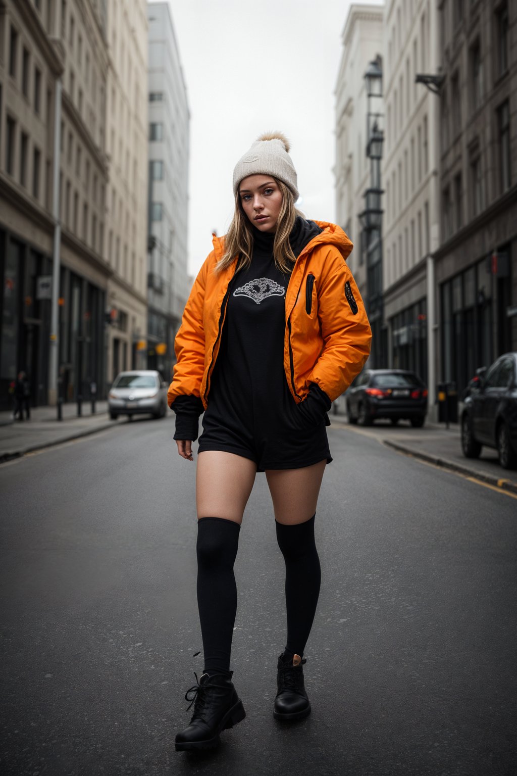 woman wearing gorpcore aesthetic, functional outdoor clothing, bright colored puffer jacket, moonboots, beanie, white wool socks, outerwear, posing for photo in the street