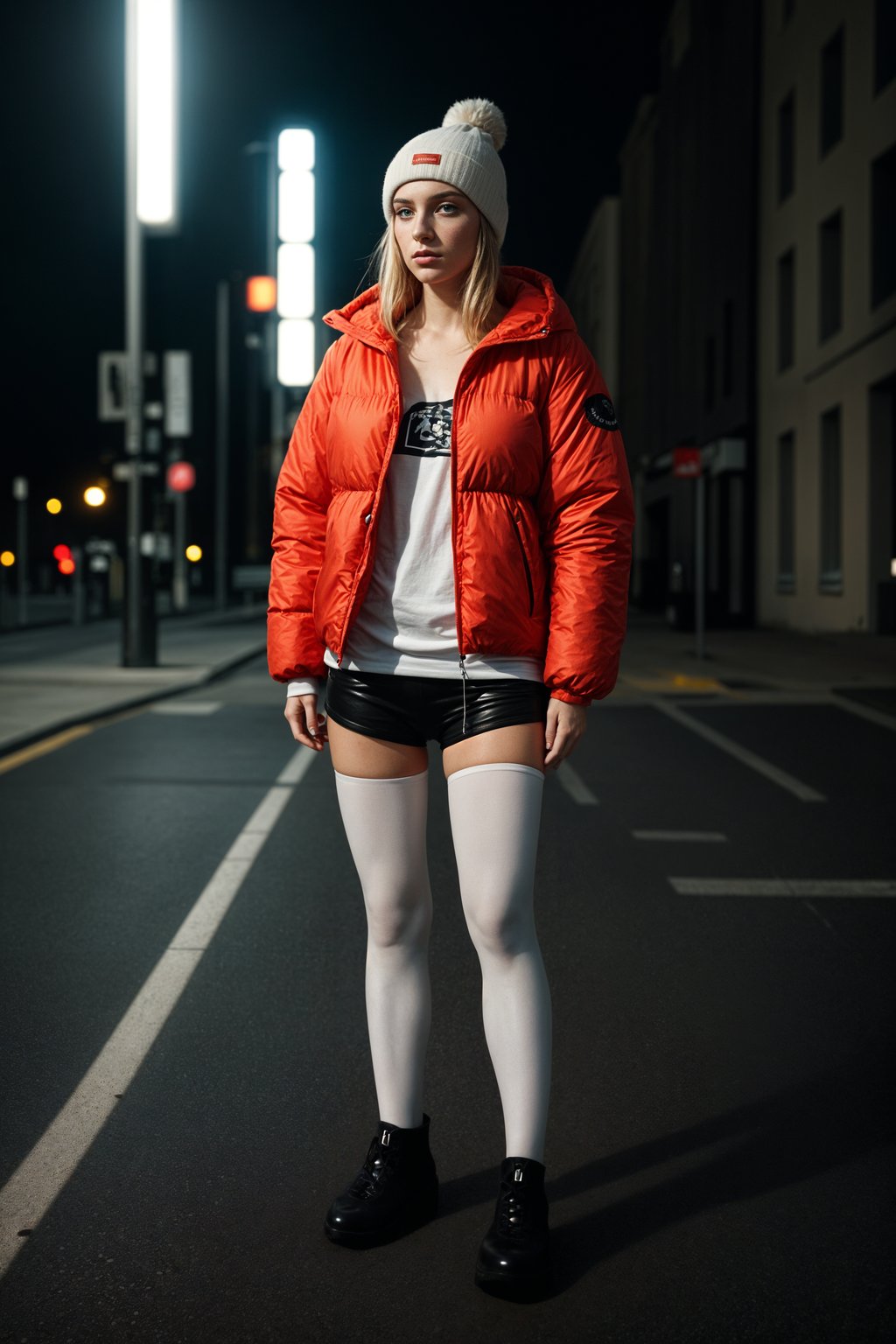 woman wearing gorpcore aesthetic, functional outdoor clothing, bright colored puffer jacket, moonboots, beanie, white wool socks, outerwear, posing for photo in the street