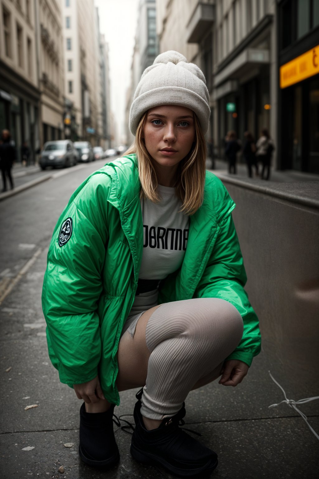 woman wearing gorpcore aesthetic, functional outdoor clothing, bright colored puffer jacket, moonboots, beanie, white wool socks, outerwear, posing for photo in the street