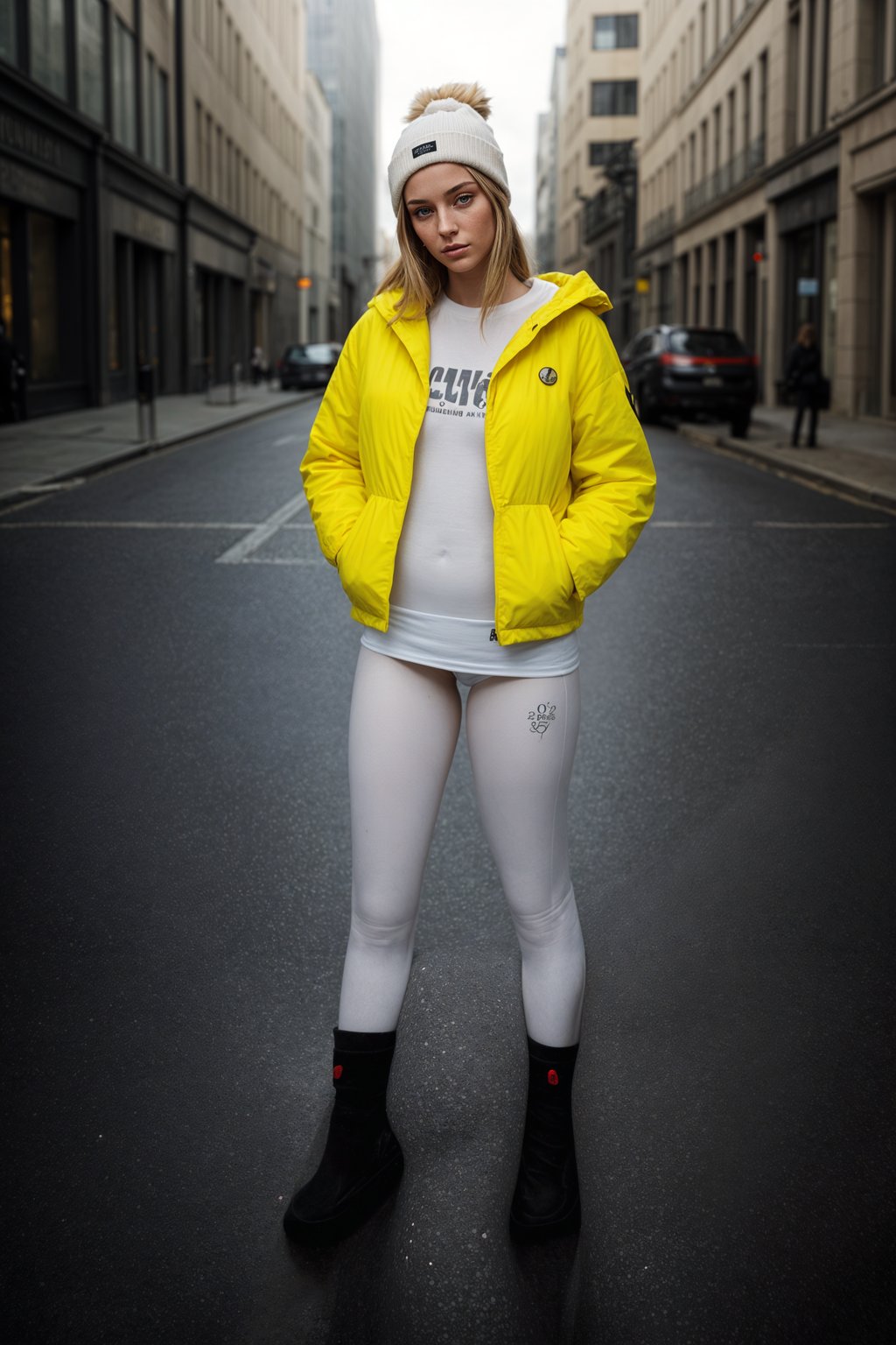 woman wearing gorpcore aesthetic, functional outdoor clothing, bright colored puffer jacket, moonboots, beanie, white wool socks, outerwear, posing for photo in the street