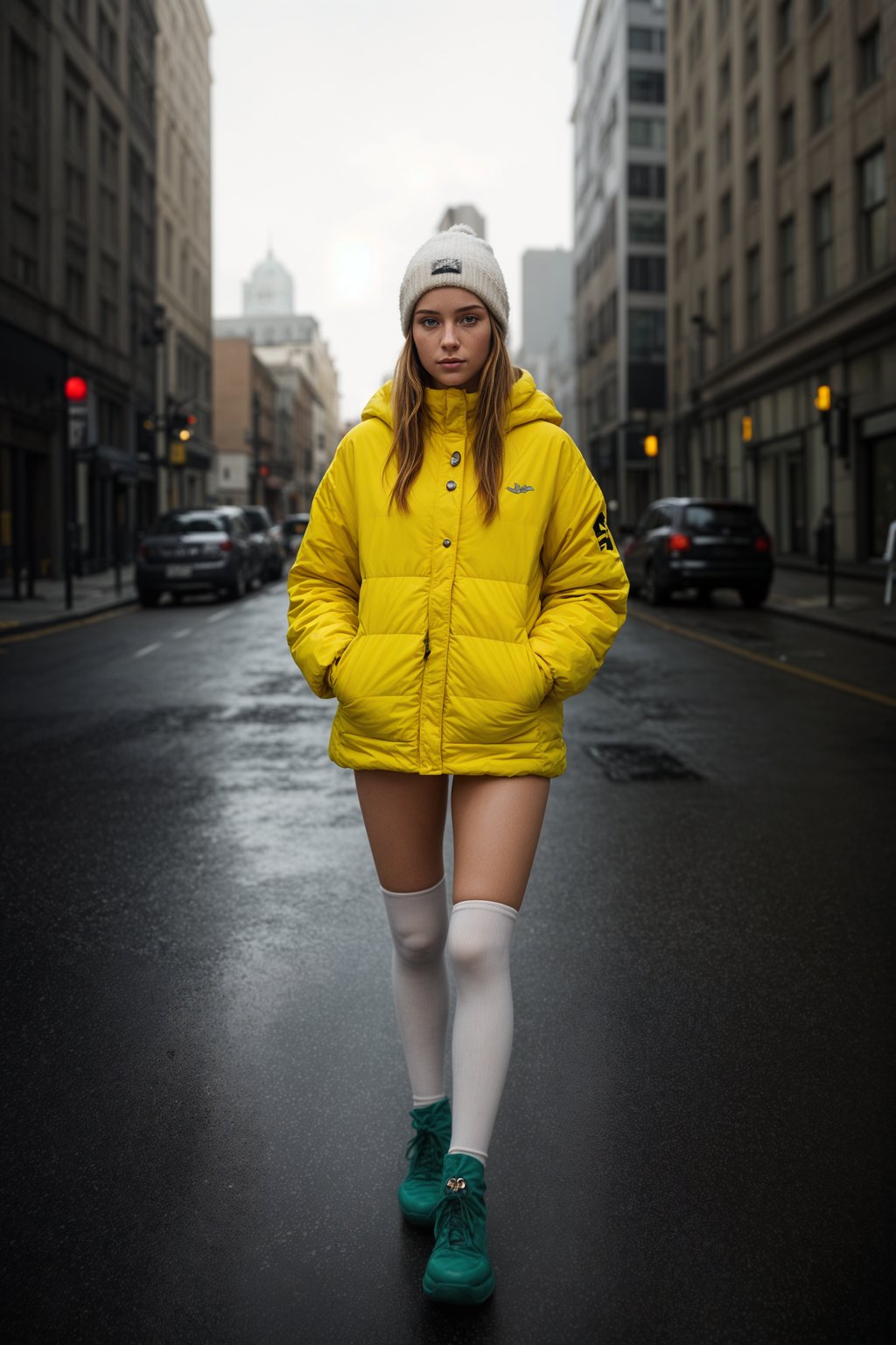 woman wearing gorpcore aesthetic, functional outdoor clothing, bright colored puffer jacket, moonboots, beanie, white wool socks, outerwear, posing for photo in the street