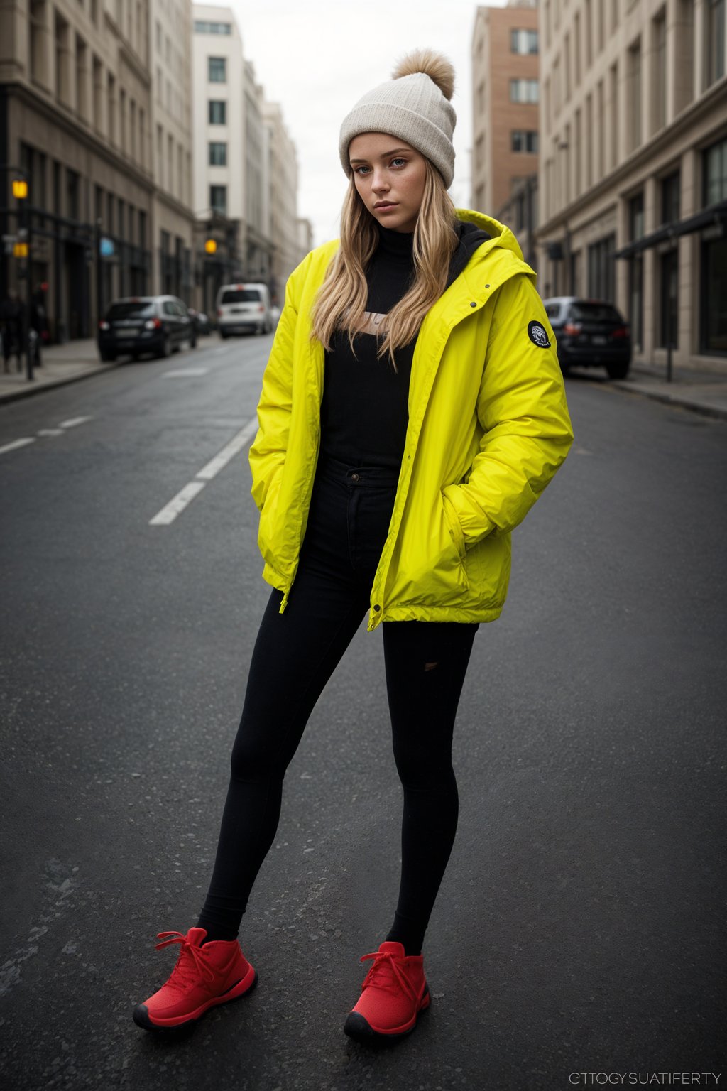 woman wearing gorpcore aesthetic, functional outdoor clothing, bright colored puffer jacket, moonboots, beanie, white wool socks, outerwear, posing for photo in the street