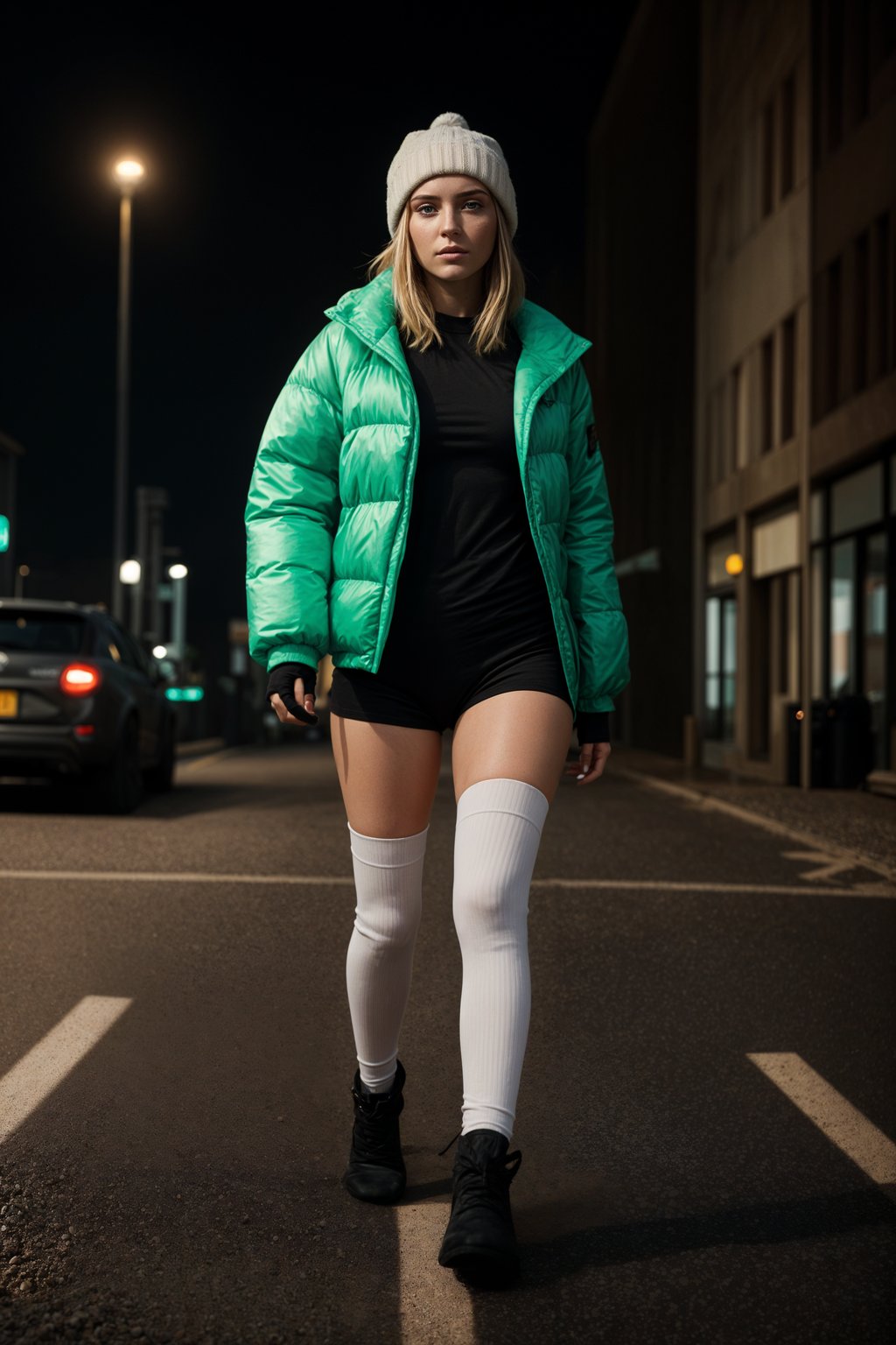 woman wearing gorpcore aesthetic, functional outdoor clothing, bright colored puffer jacket, moonboots, beanie, white wool socks, outerwear, posing for photo in the street