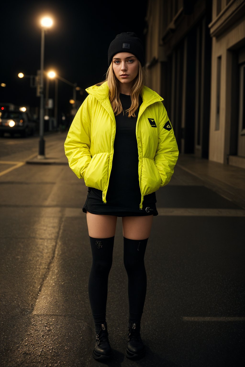 woman wearing gorpcore aesthetic, functional outdoor clothing, bright colored puffer jacket, moonboots, beanie, white wool socks, outerwear, posing for photo in the street