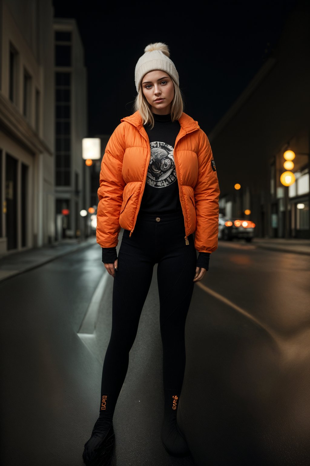 woman wearing gorpcore aesthetic, functional outdoor clothing, bright colored puffer jacket, moonboots, beanie, white wool socks, outerwear, posing for photo in the street