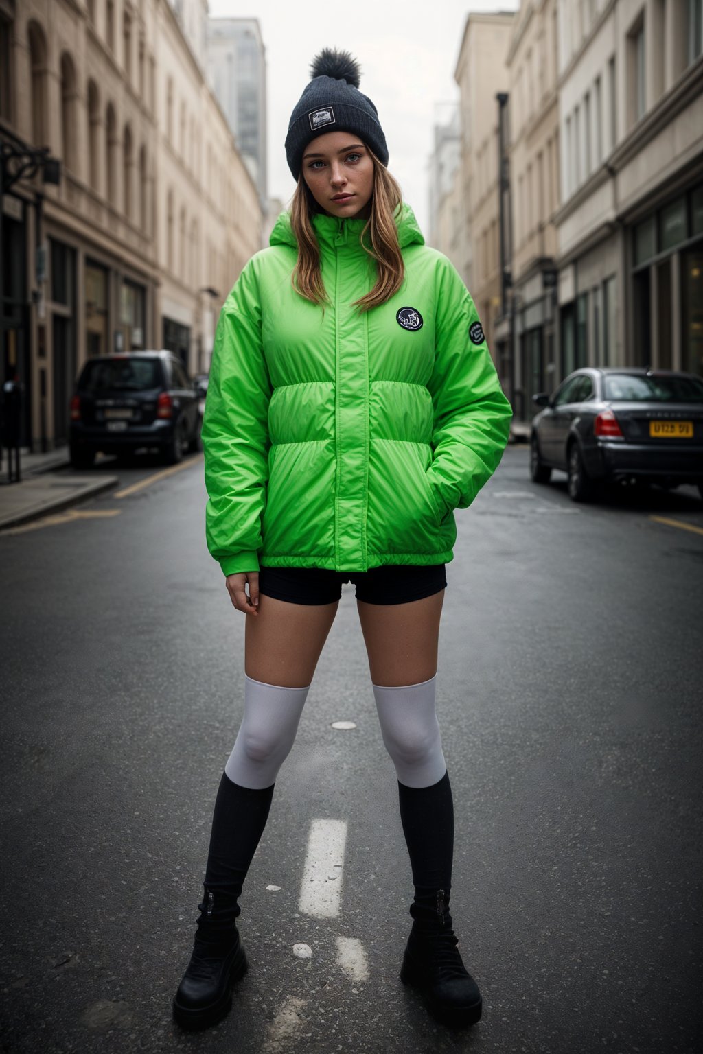 woman wearing gorpcore aesthetic, functional outdoor clothing, bright colored puffer jacket, moonboots, beanie, white wool socks, outerwear, posing for photo in the street