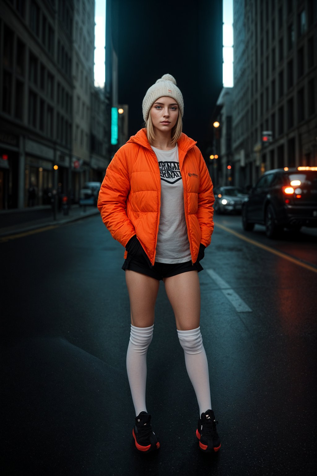 woman wearing gorpcore aesthetic, functional outdoor clothing, bright colored puffer jacket, moonboots, beanie, white wool socks, outerwear, posing for photo in the street