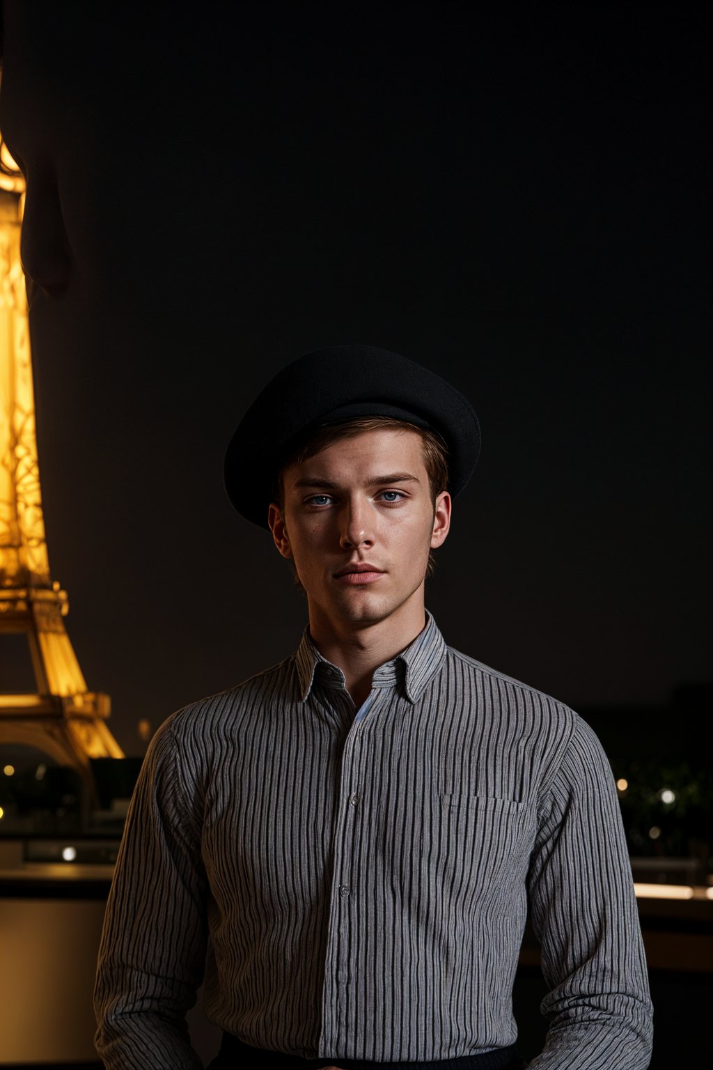 polished and traditional man in Paris wearing a traditional Breton shirt and beret, Eiffel Tower in the background