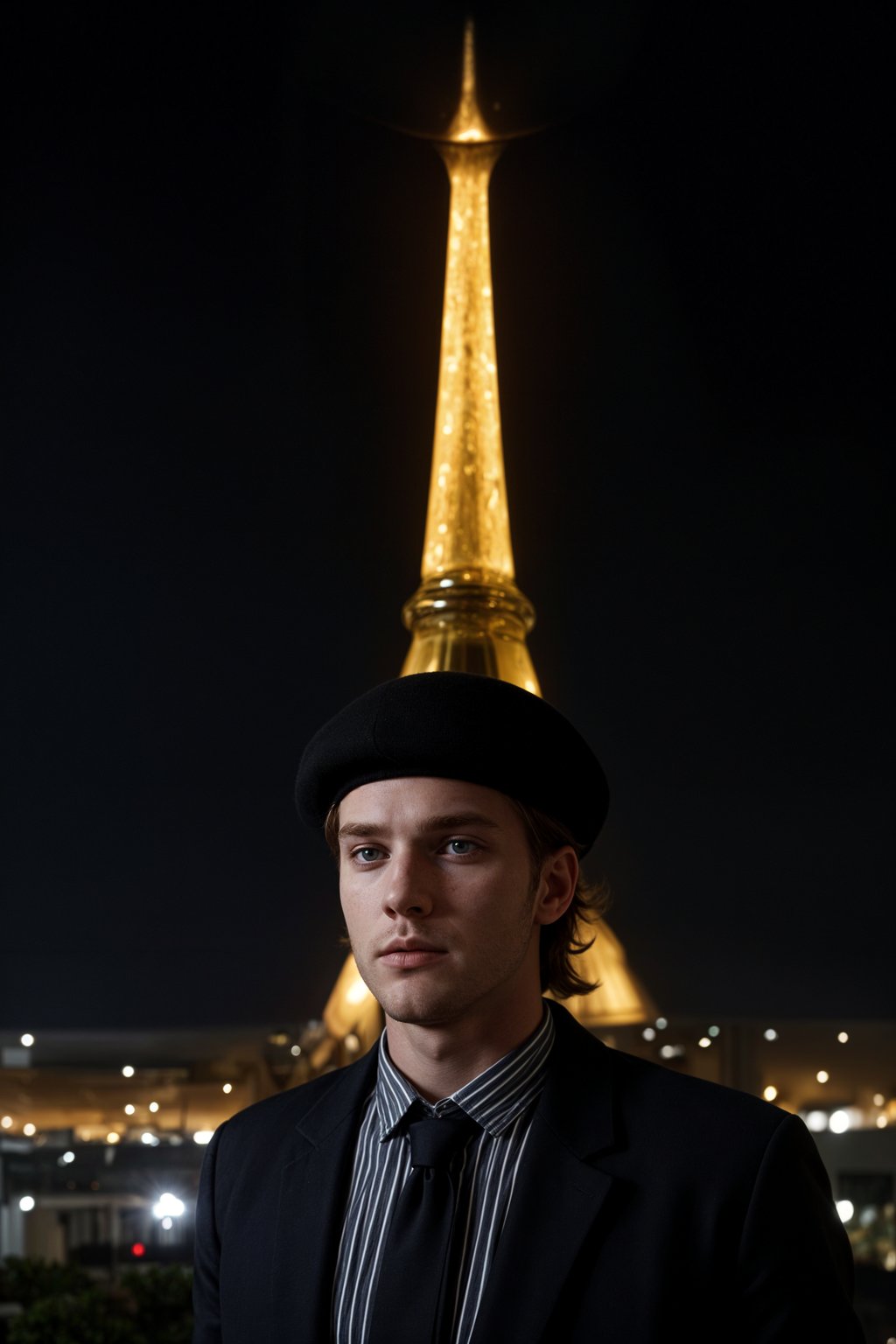 polished and traditional man in Paris wearing a traditional Breton shirt and beret, Eiffel Tower in the background