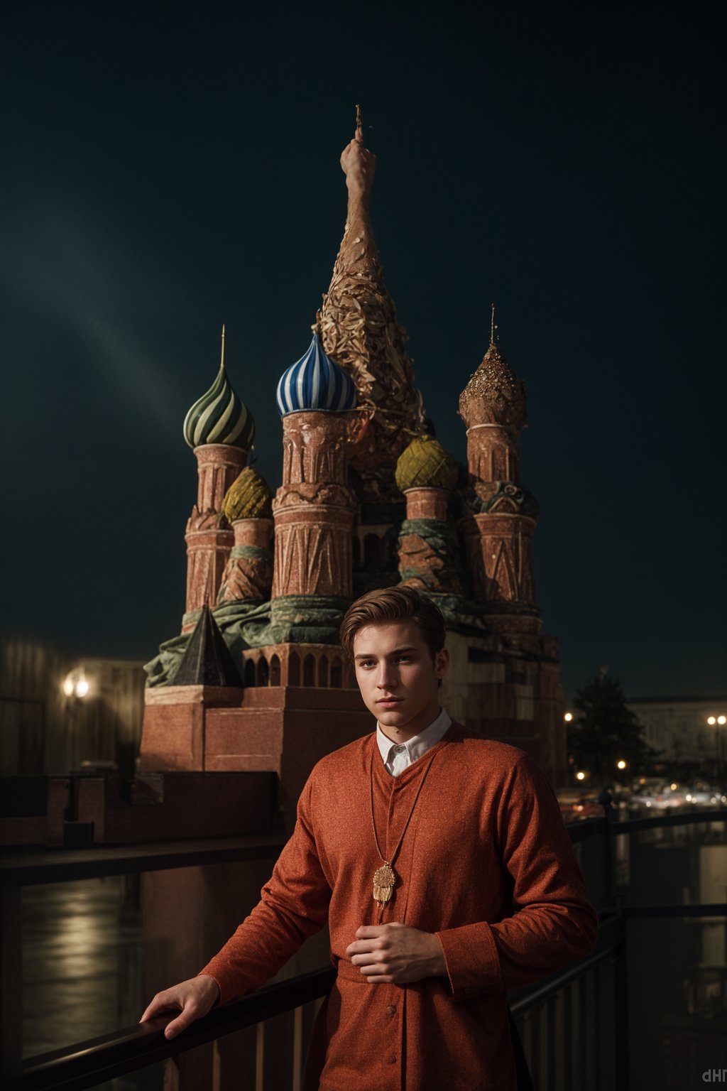 authentic and cultural man in Moscow wearing a traditional sarafan/kosovorotka, Saint Basil's Cathedral in the background