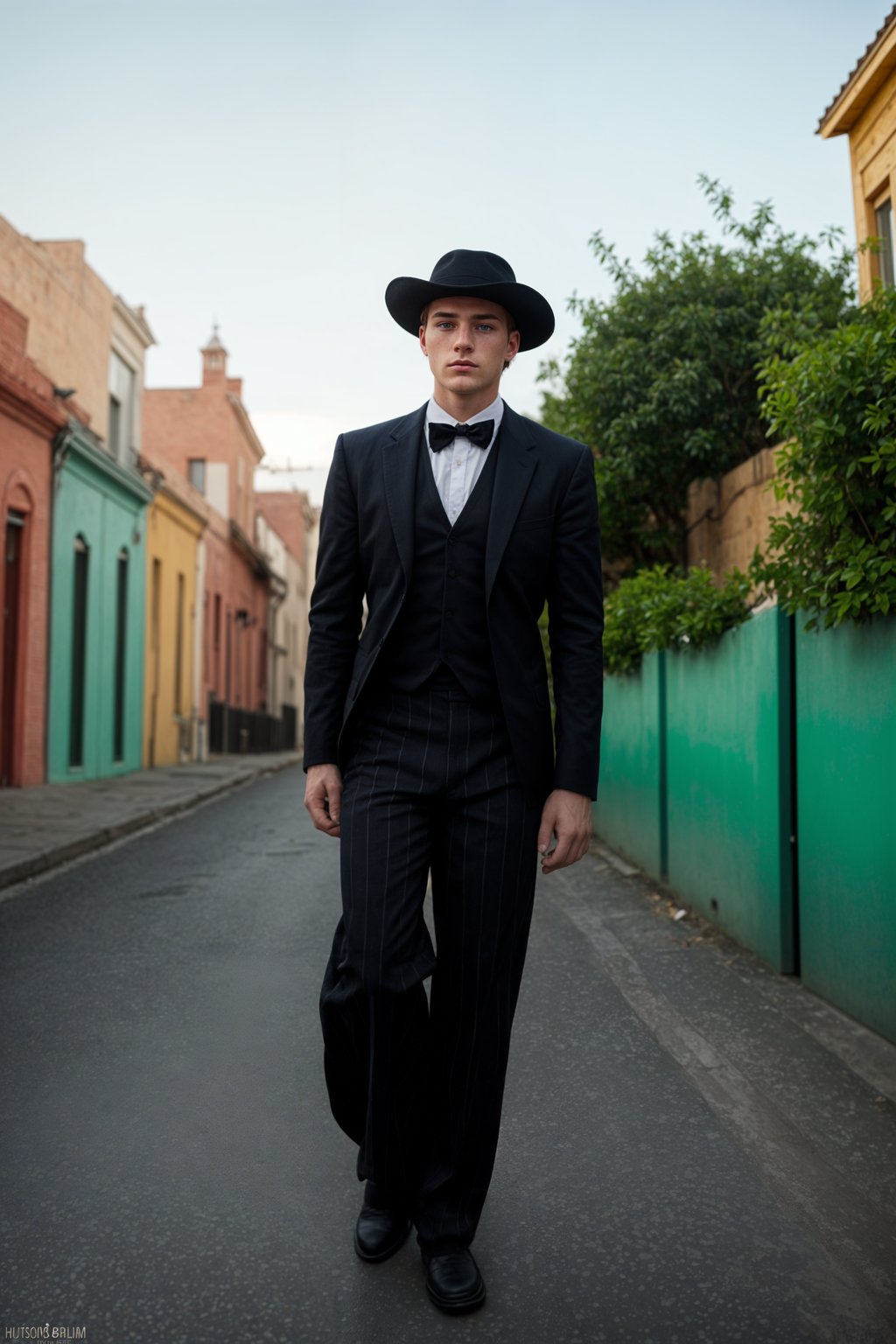 classy and traditional man in Buenos Aires wearing a tango dress/gaucho attire, colorful houses of La Boca neighborhood in the background