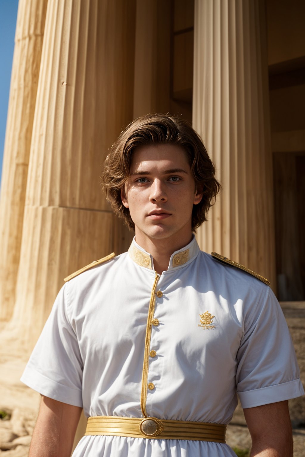 impressive and traditional man in Athens wearing a traditional Evzone uniform/Amalia dress, Parthenon in the background