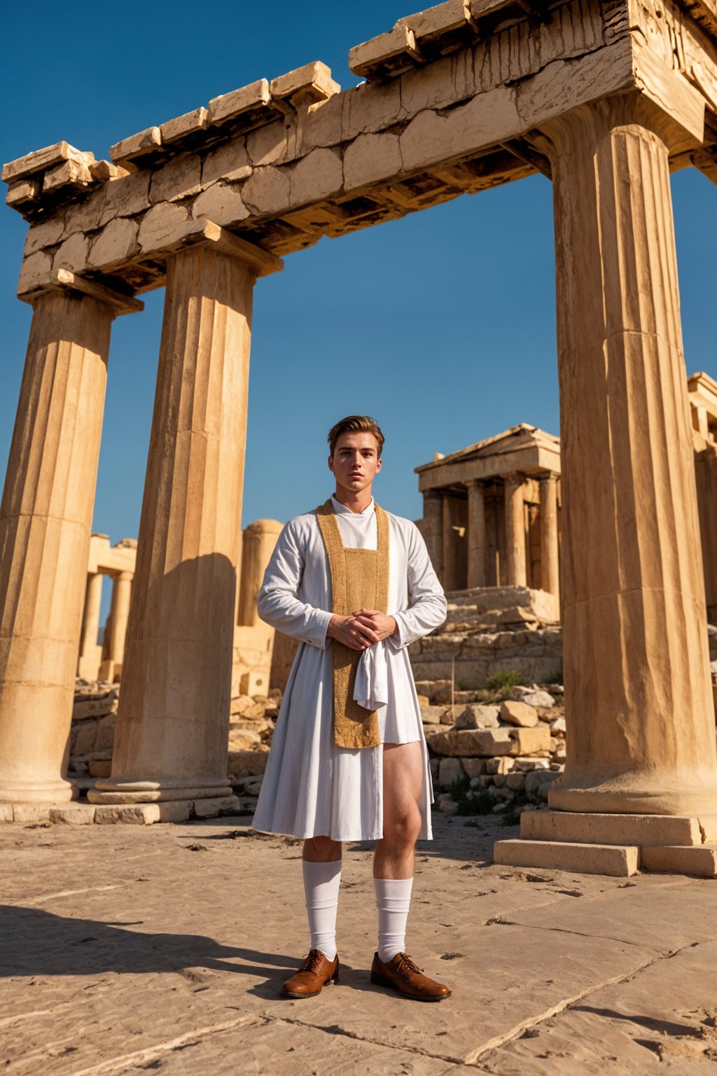 impressive and traditional man in Athens wearing a traditional Evzone uniform/Amalia dress, Parthenon in the background