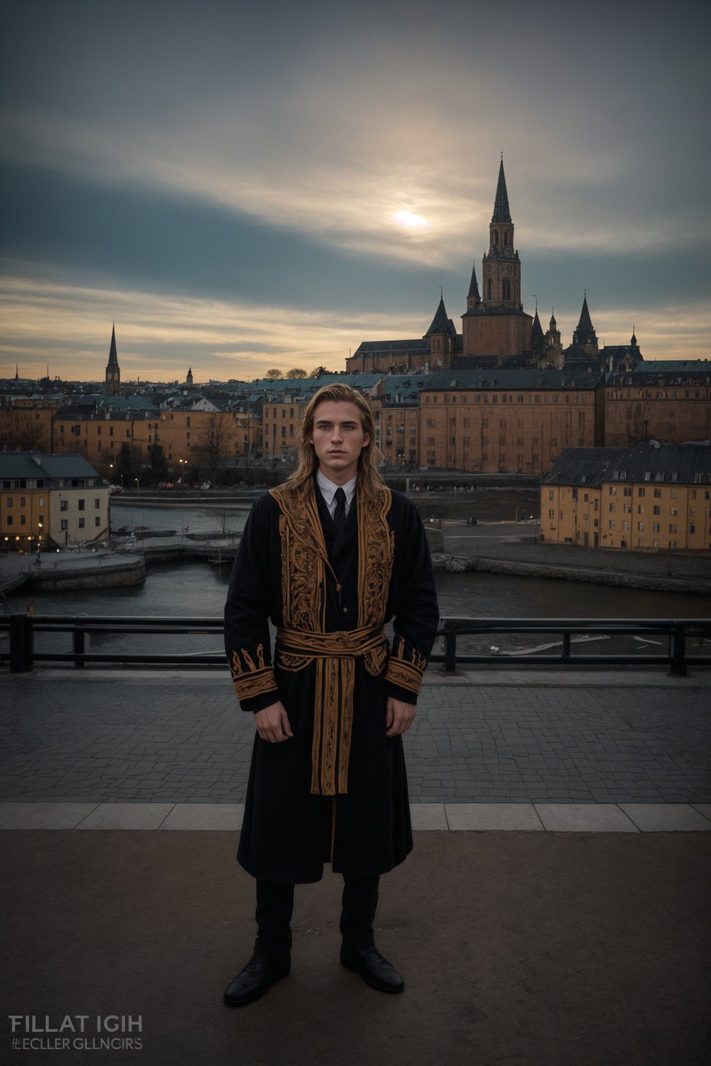 dignified and traditional man in Stockholm wearing a Swedish folkdräkt, Stockholm Palace in the background