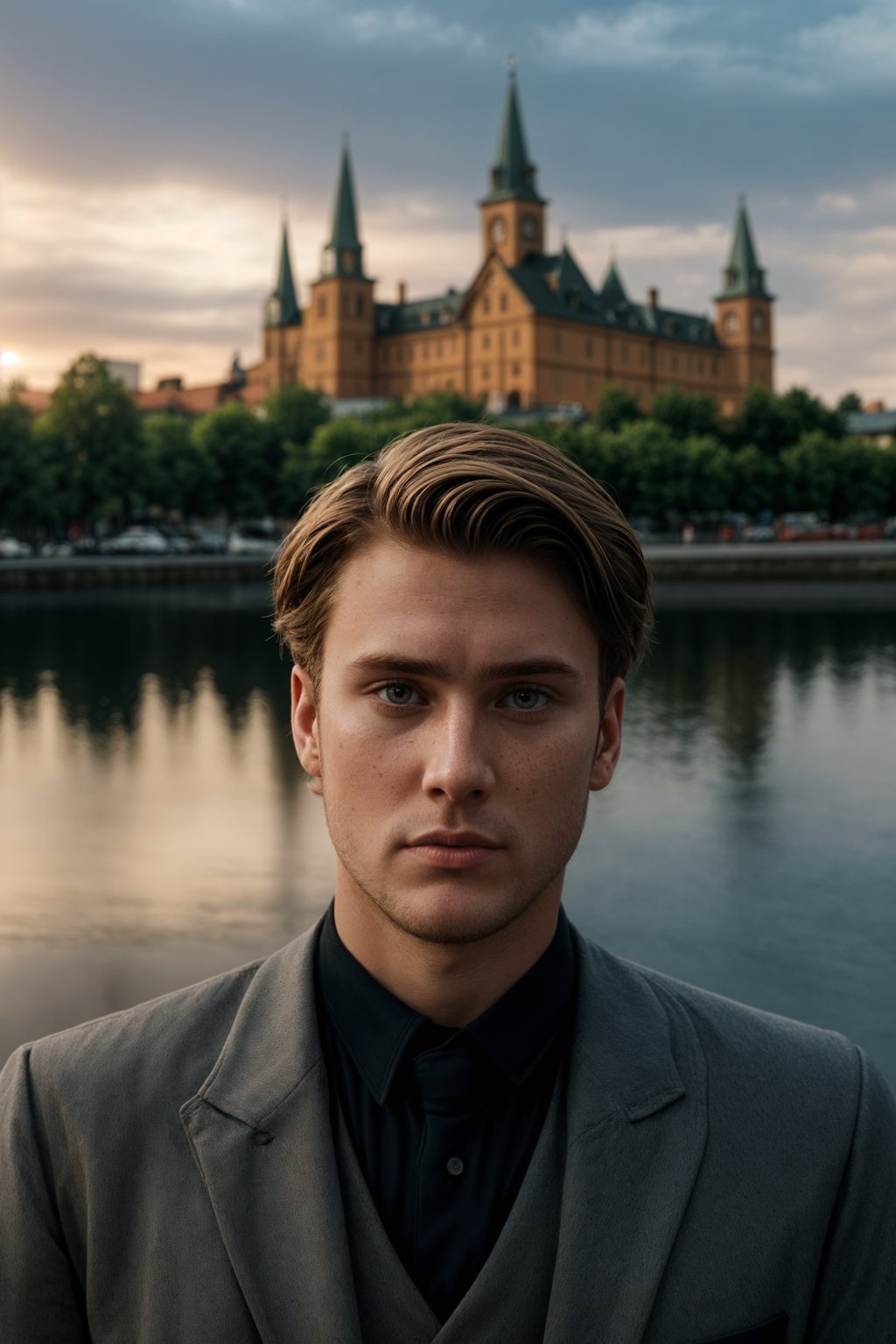 dignified and traditional man in Stockholm wearing a Swedish folkdräkt, Stockholm Palace in the background