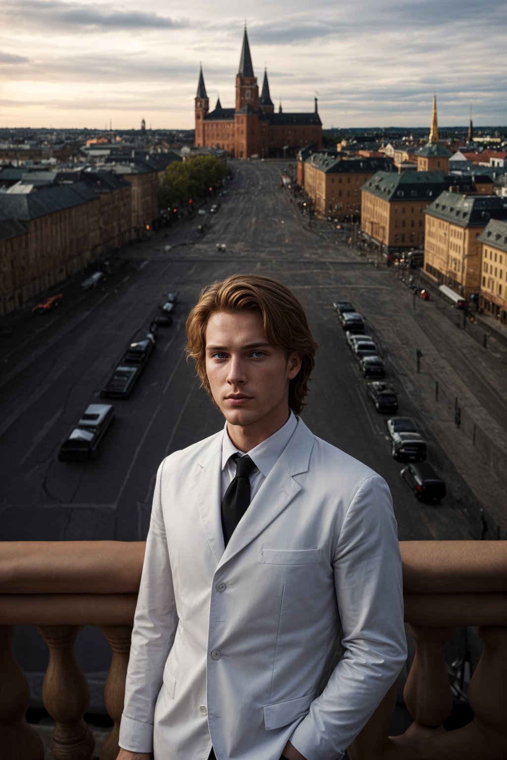 dignified and traditional man in Stockholm wearing a Swedish folkdräkt, Stockholm Palace in the background