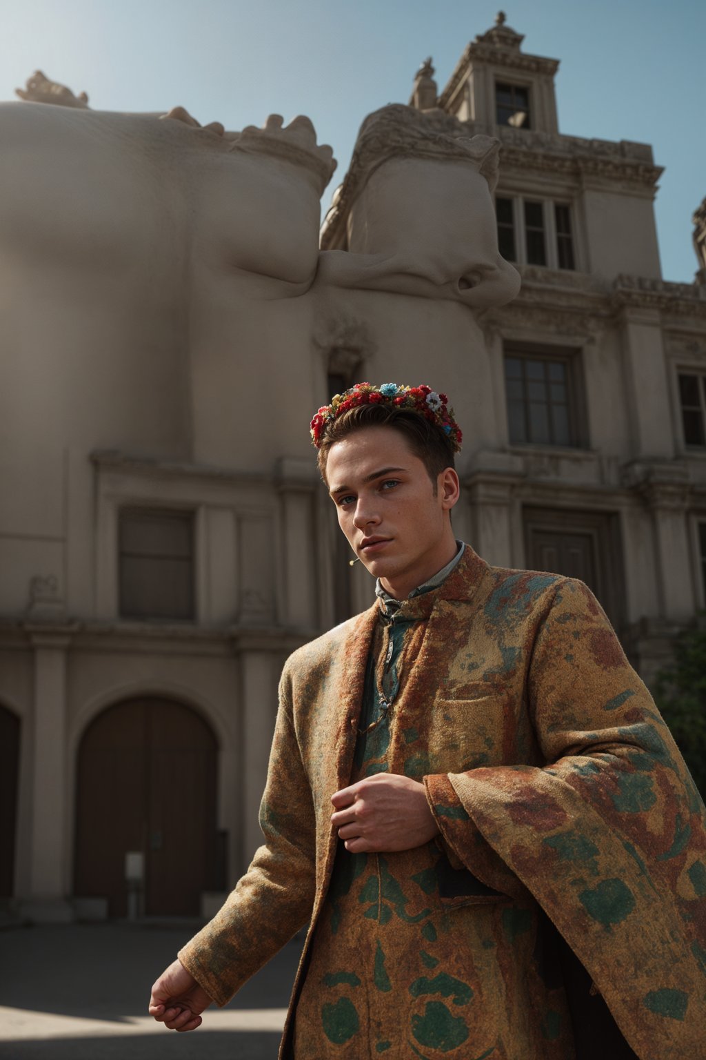 bold and cultural man in Mexico City wearing a traditional charro suit/china poblana, Frida Kahlo Museum in the background