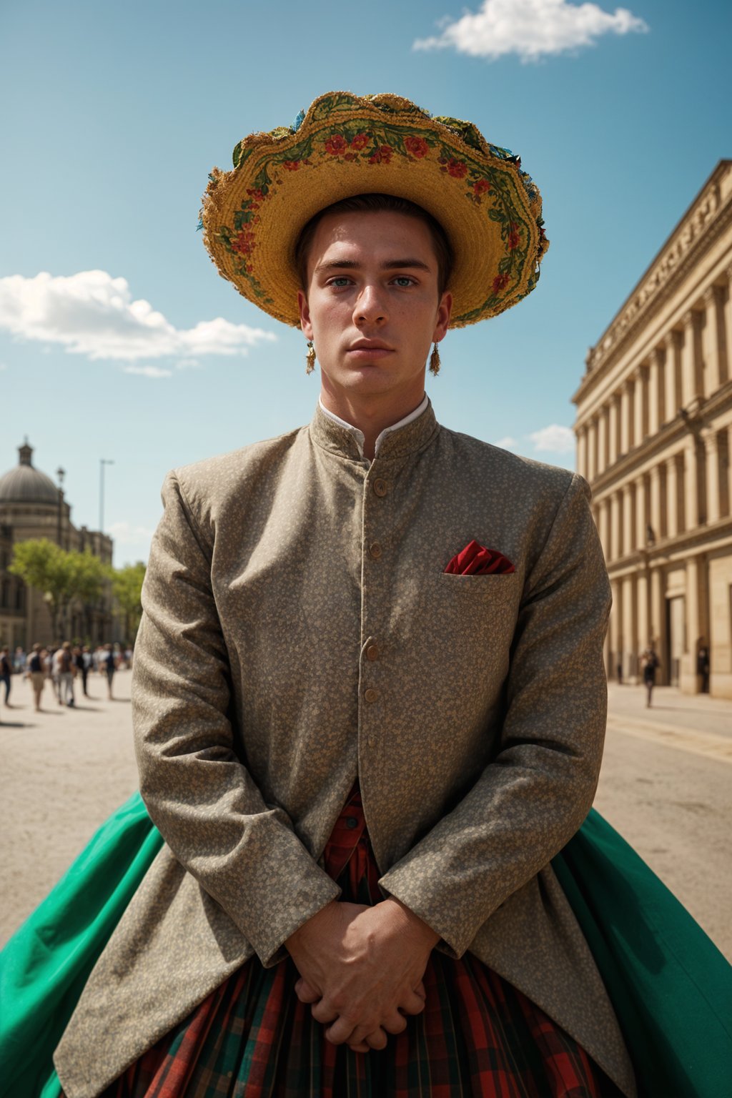 bold and cultural man in Mexico City wearing a traditional charro suit/china poblana, Frida Kahlo Museum in the background