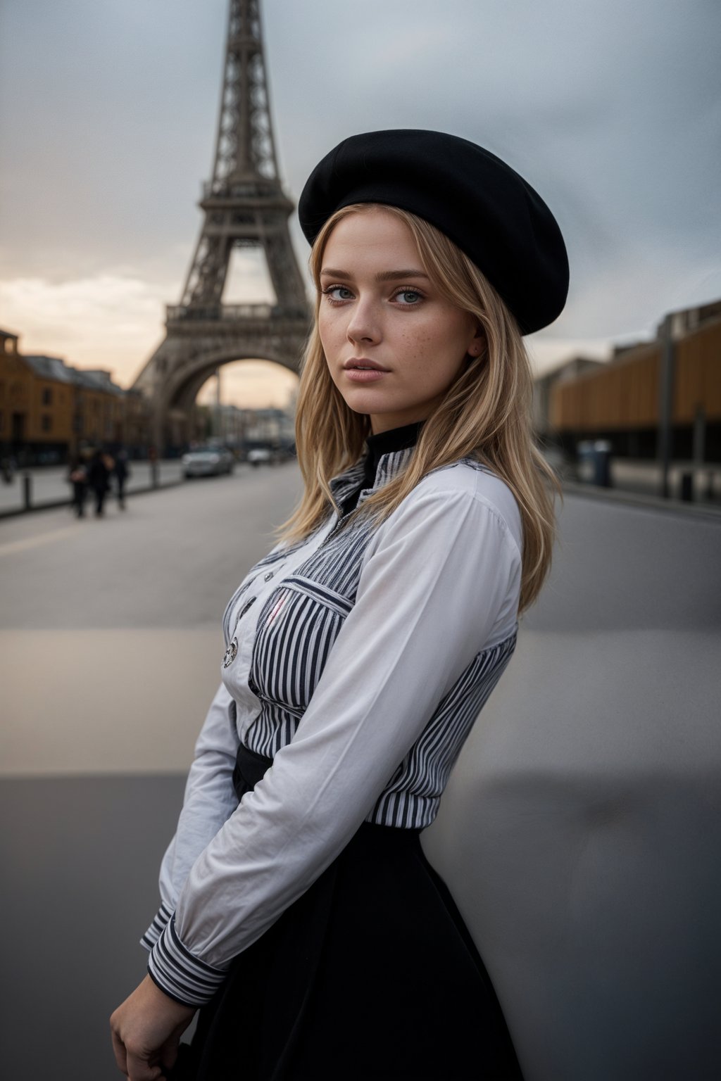 stylish and sophisticated  woman in Paris wearing a traditional Breton shirt and beret, Eiffel Tower in the background