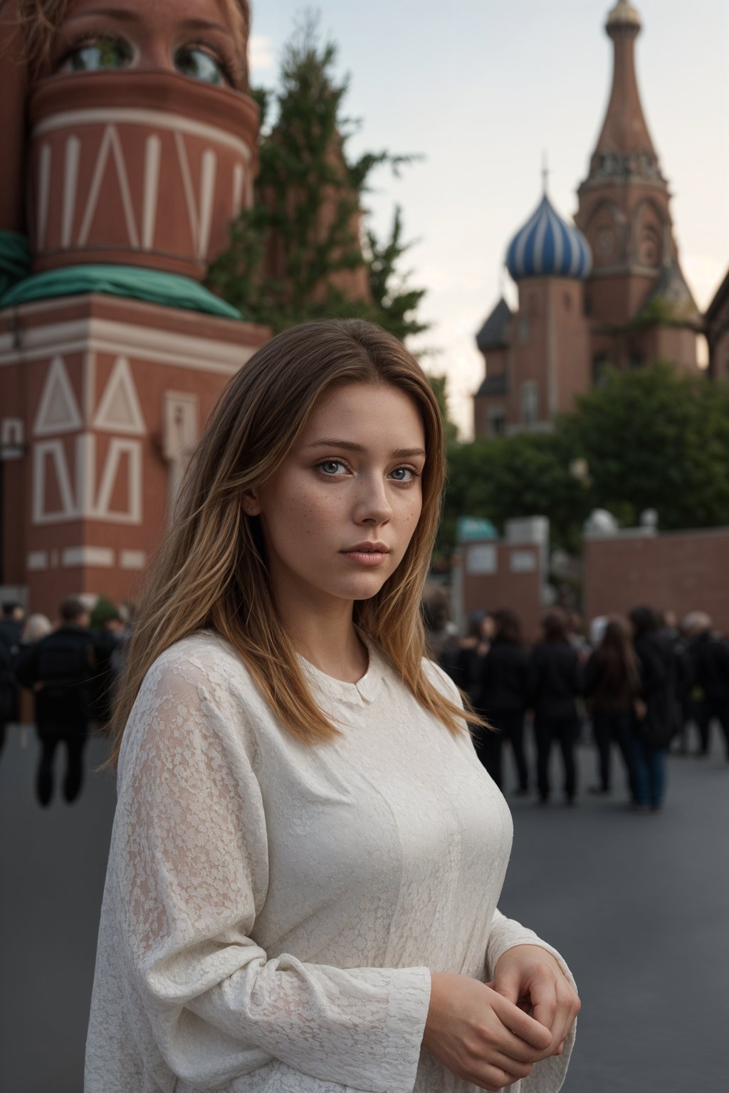 lovely and cultural  woman in Moscow wearing a traditional sarafan/kosovorotka, Saint Basil's Cathedral in the background