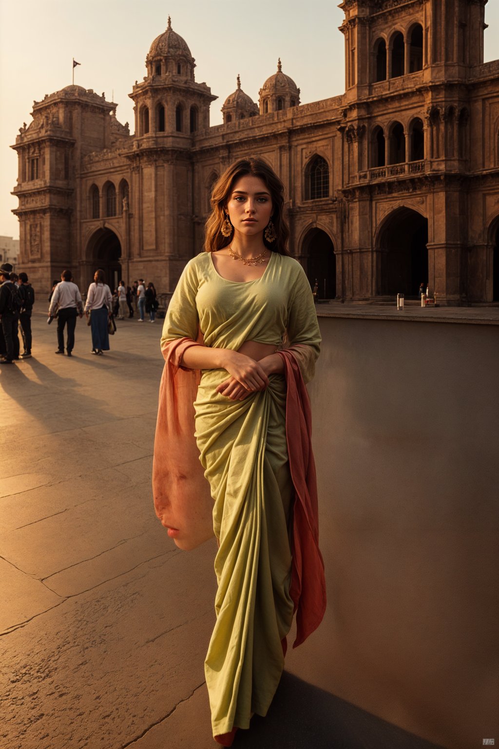 glamorous and traditional  woman in Mumbai wearing a vibrant Saree Sherwani, Gateway of India in the background