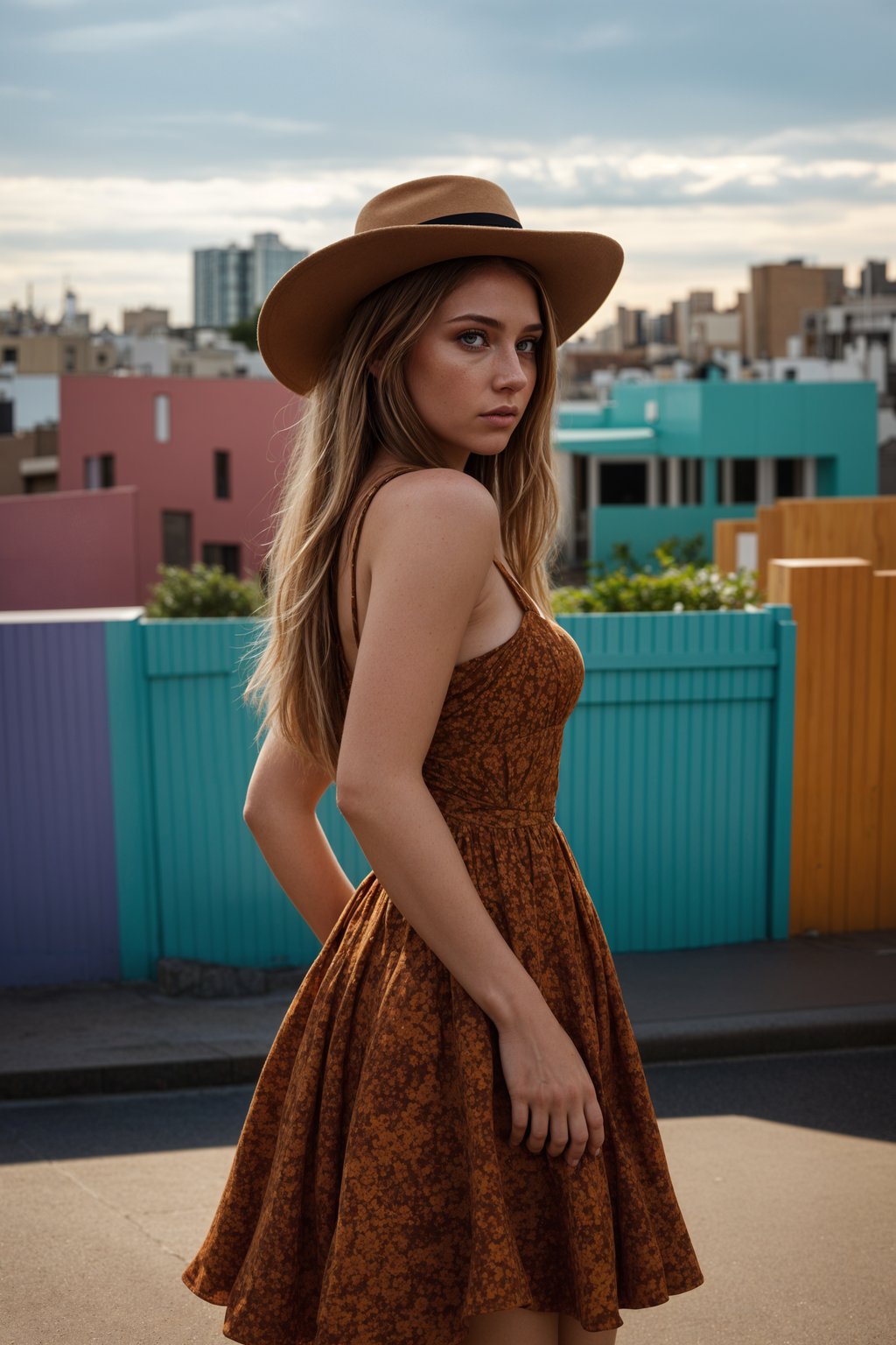 exquisite and traditional  woman in Buenos Aires wearing a tango dress/gaucho attire, colorful houses of La Boca neighborhood in the background