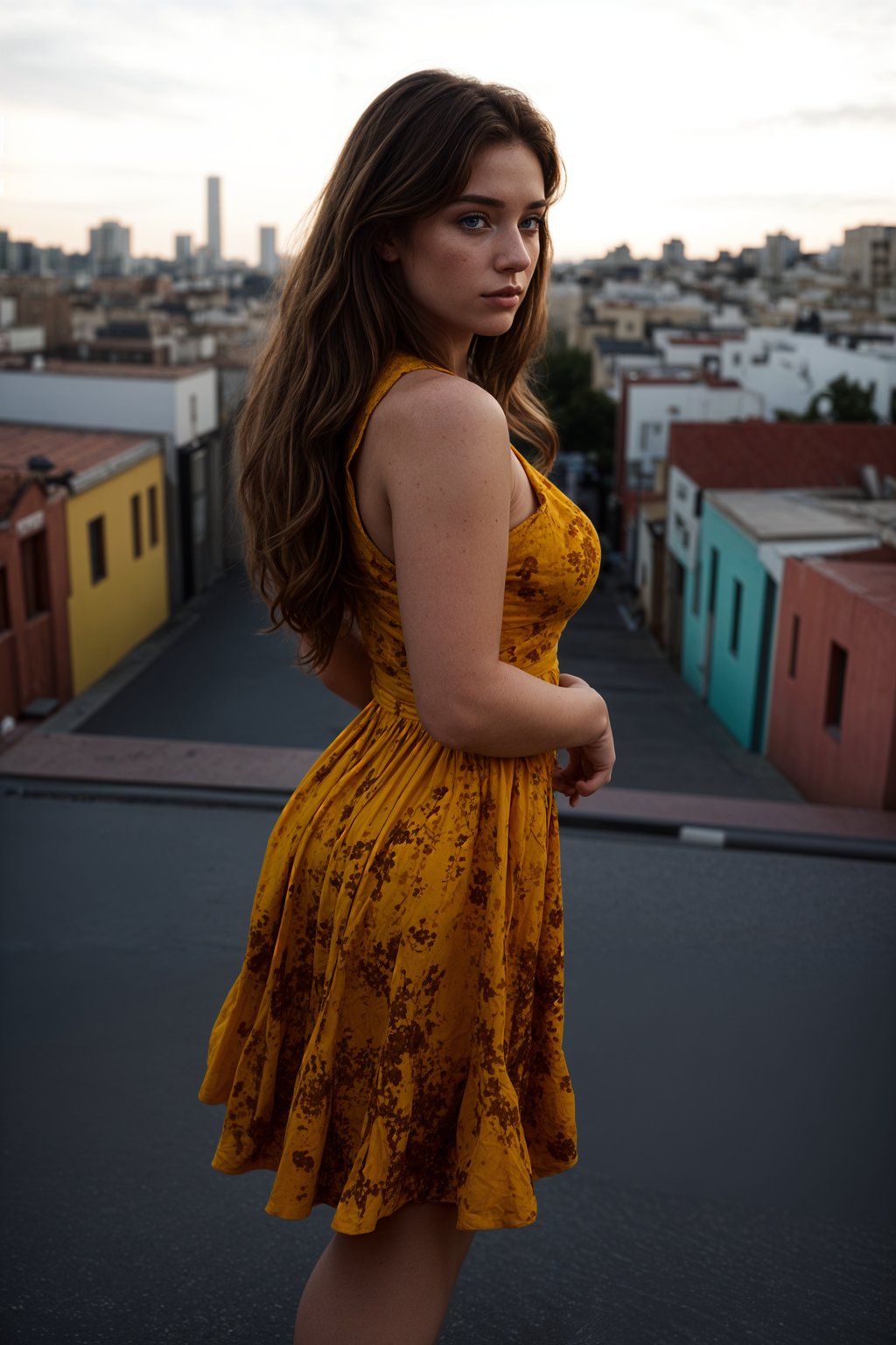 exquisite and traditional  woman in Buenos Aires wearing a tango dress/gaucho attire, colorful houses of La Boca neighborhood in the background