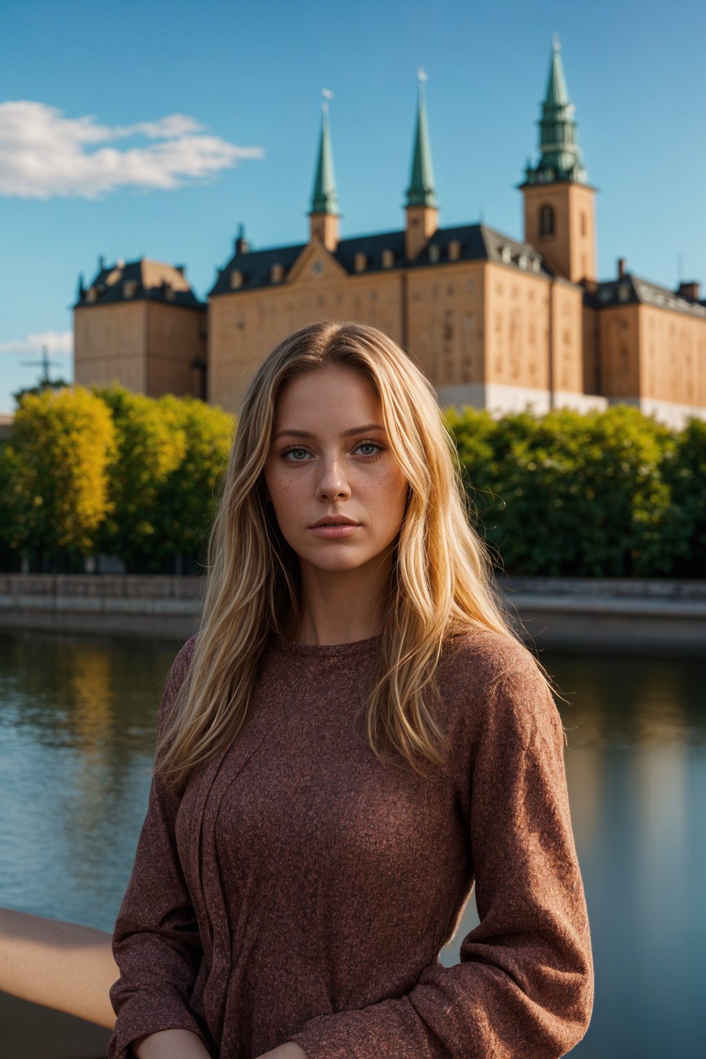 traditional  woman in Stockholm wearing a Swedish folkdräkt, Stockholm Palace in the background